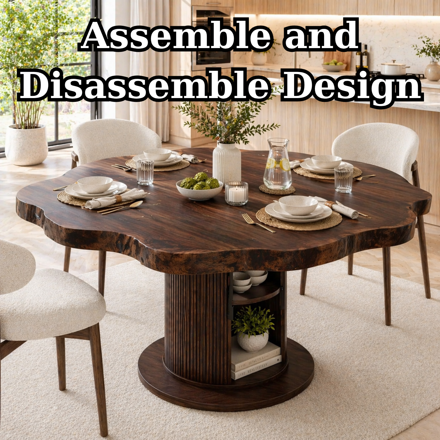 Live Edge Round Solid Wood Dining Table – Pedestal Table with Storage Base