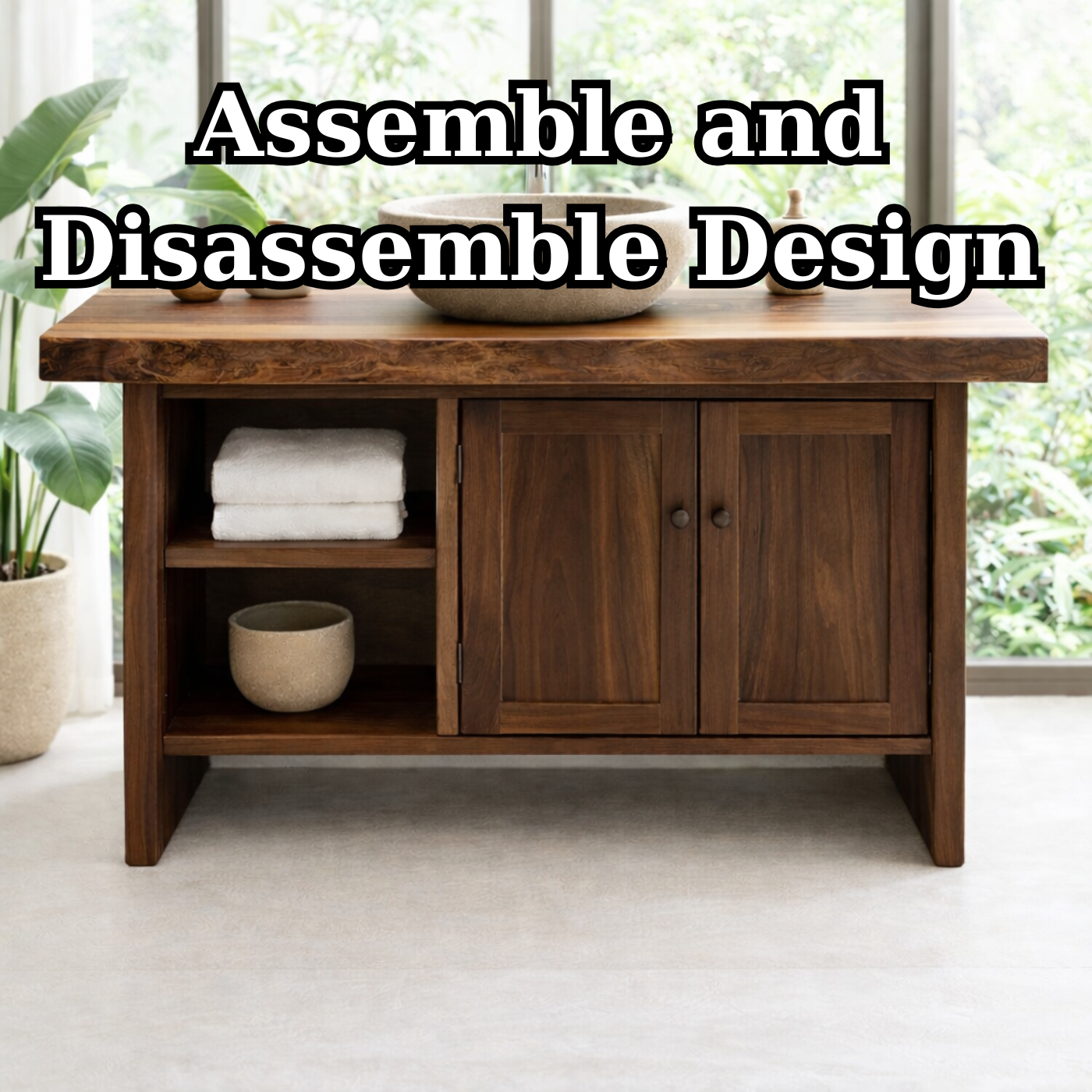 Solid Wood Bathroom Vanity Cabinet with Double Doors and Open Shelf – Rustic Modern Freestanding Vanity Base