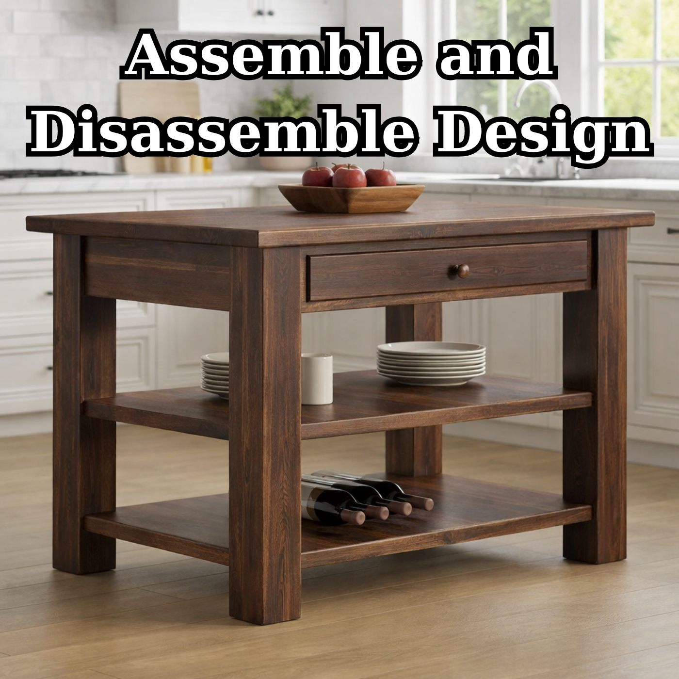 Solid Wood Kitchen Island Table with Storage – Walnut Prep Table with Drawer & Open Shelves