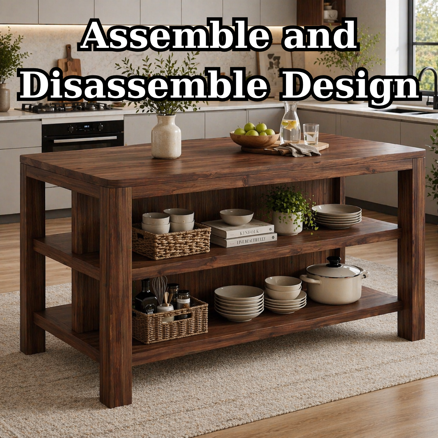Solid Wood Kitchen Island with Open Shelves – Natural Oak Prep Table for Modern Kitchen