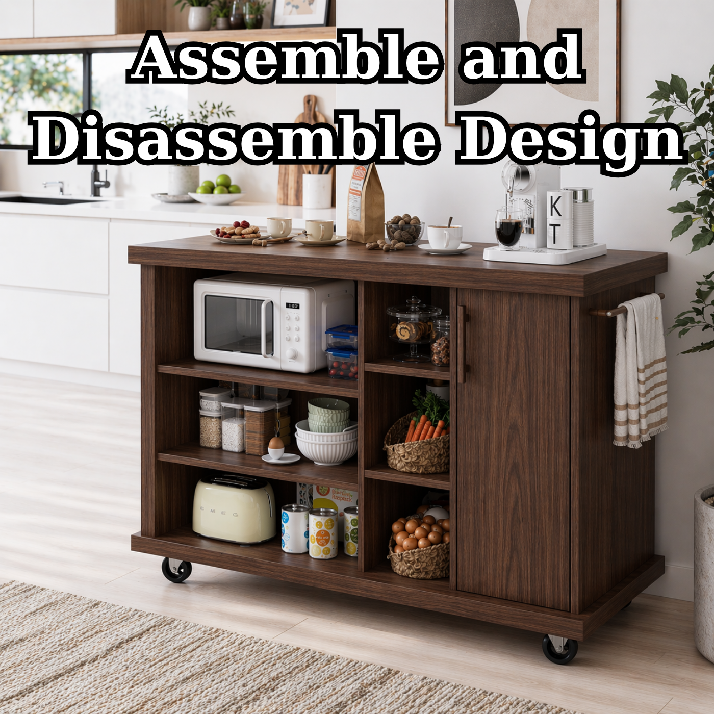 Rolling Kitchen Island with Open Storage & Cabinet – Walnut Microwave Cart with Shelves and Towel Bar