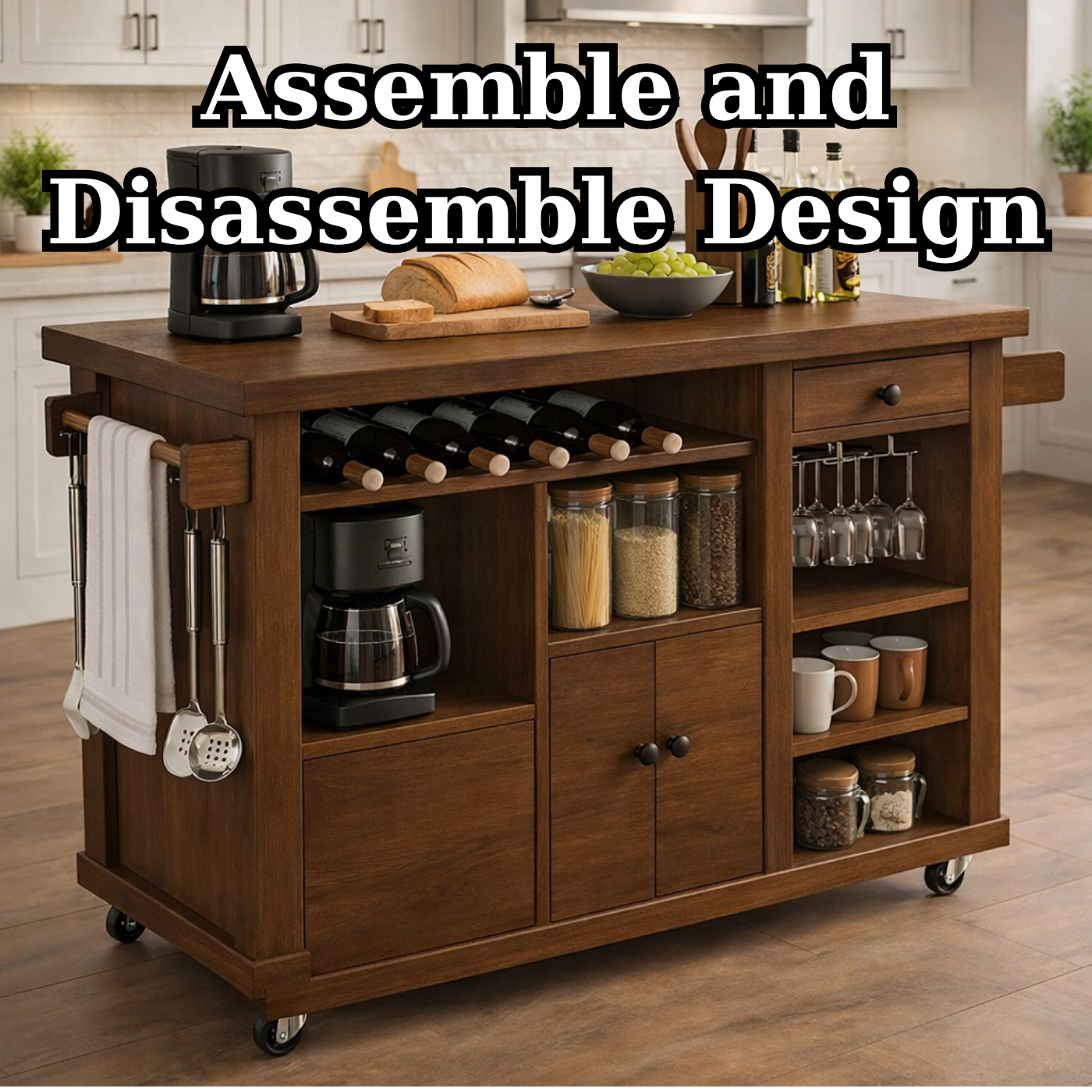 Solid Wood Rolling Kitchen Island with Wine Rack & Storage – Kitchen Cart on Wheels