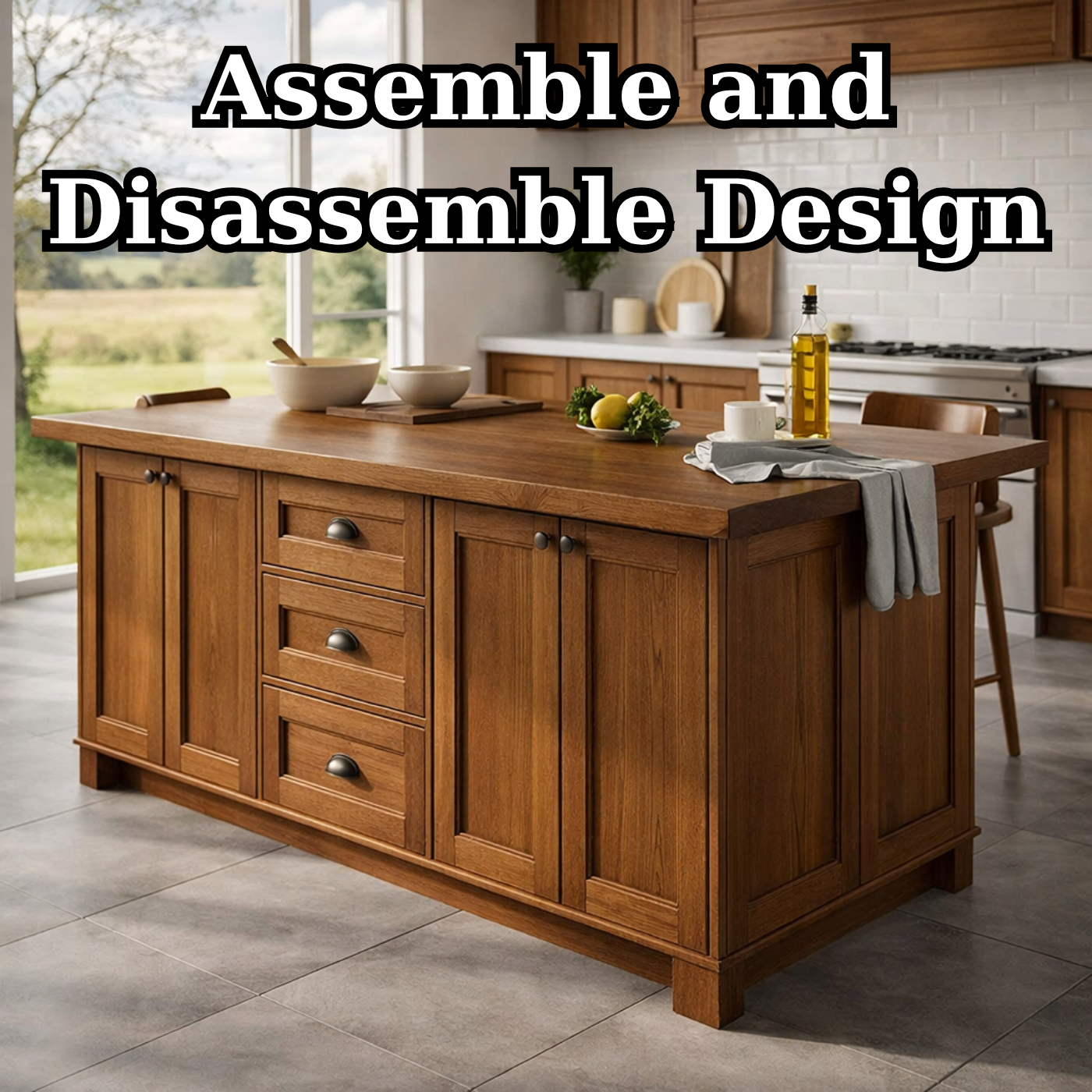 Solid Wood Kitchen Island with Drawers & Cabinets – Walnut Farmhouse Kitchen Table