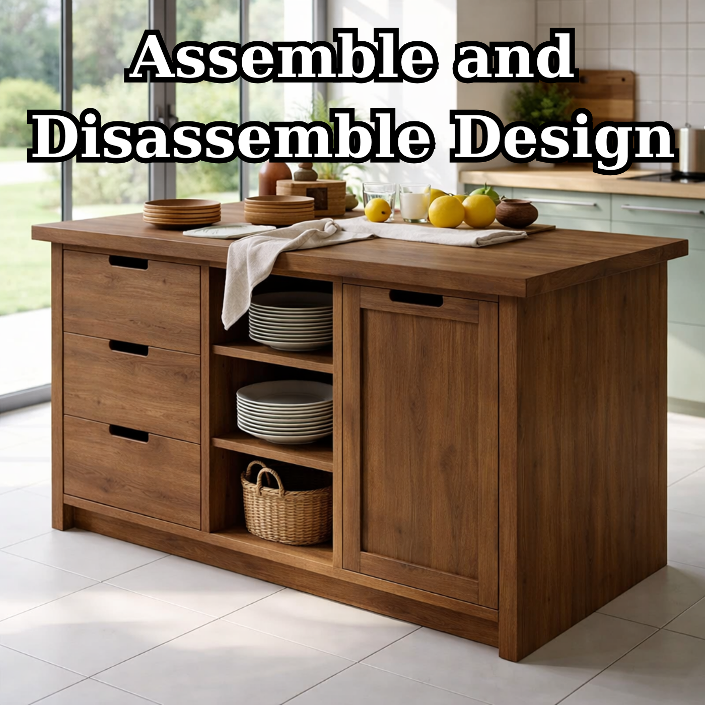 Solid Wood Kitchen Island with Drawers & Open Shelves – Modern Storage Table