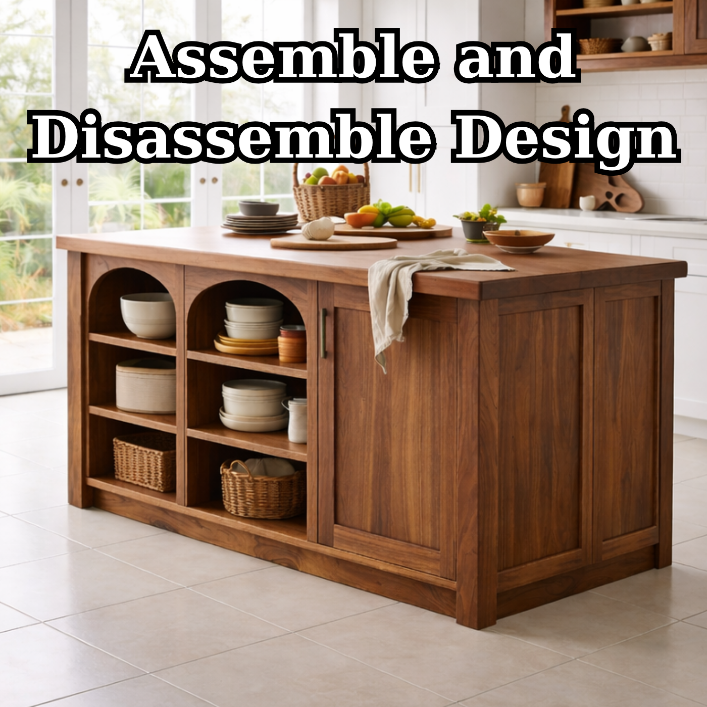 Solid Wood Kitchen Island with Arched Open Shelves – Walnut Farmhouse Storage Table