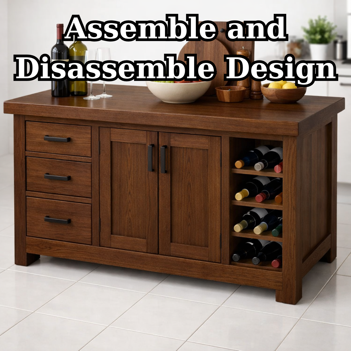 Solid Wood Kitchen Island with Wine Rack & Storage Drawers – Kitchen Storage Cabinet