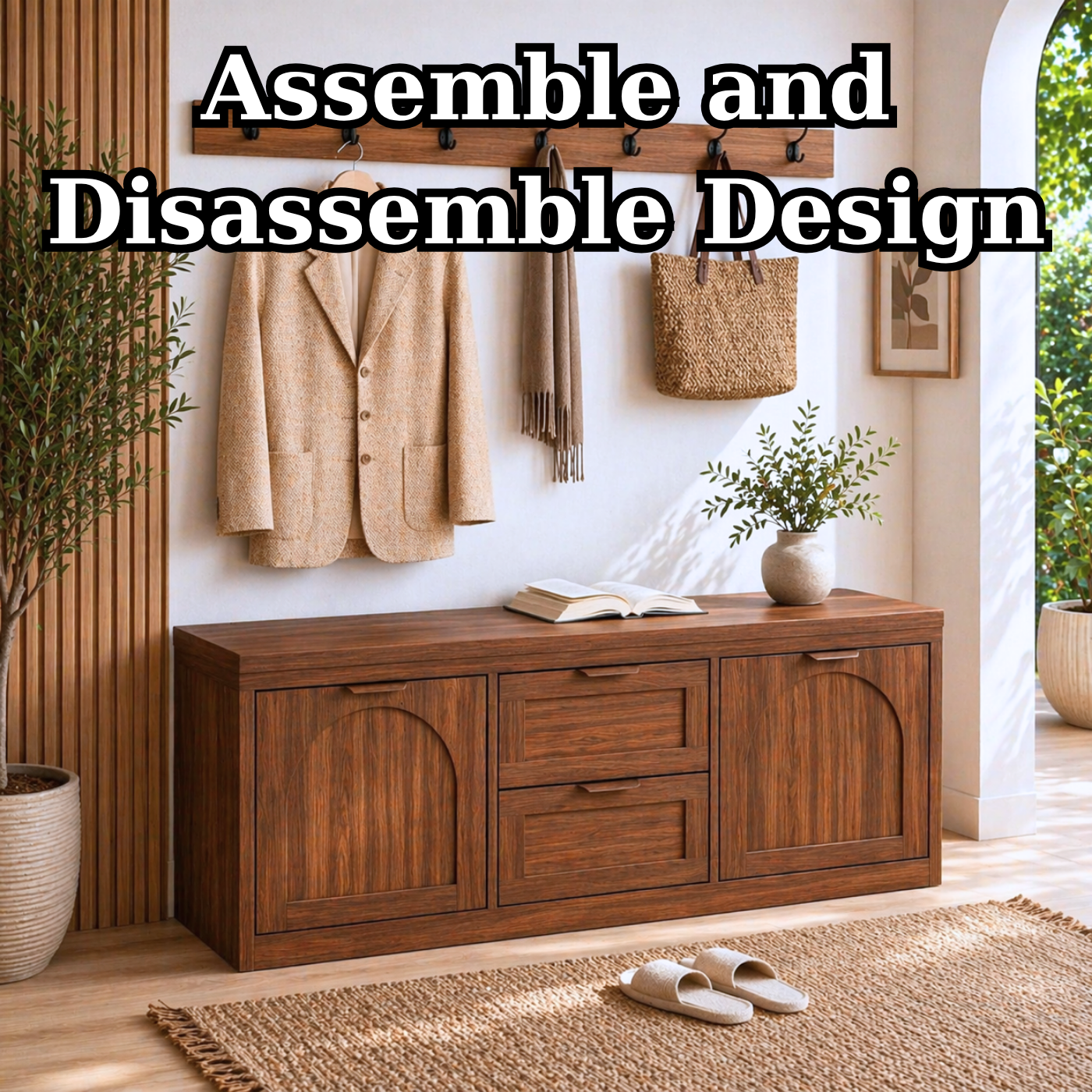 Solid Wood Entryway Bench with Storage Drawers – Shoe Cabinet with Arched Doors