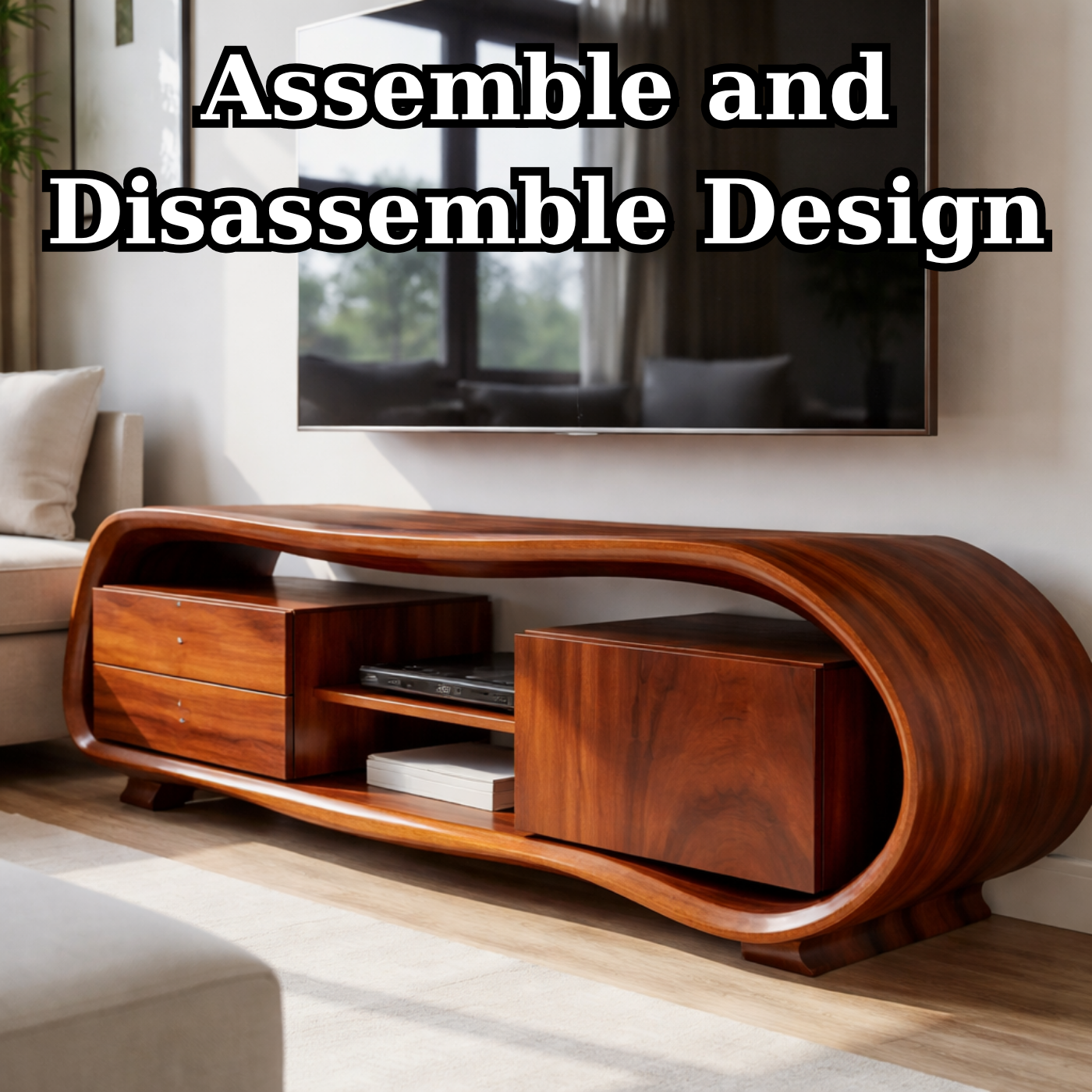 Solid Wood Curved TV Stand – Sculptural Media Console with Organic Design