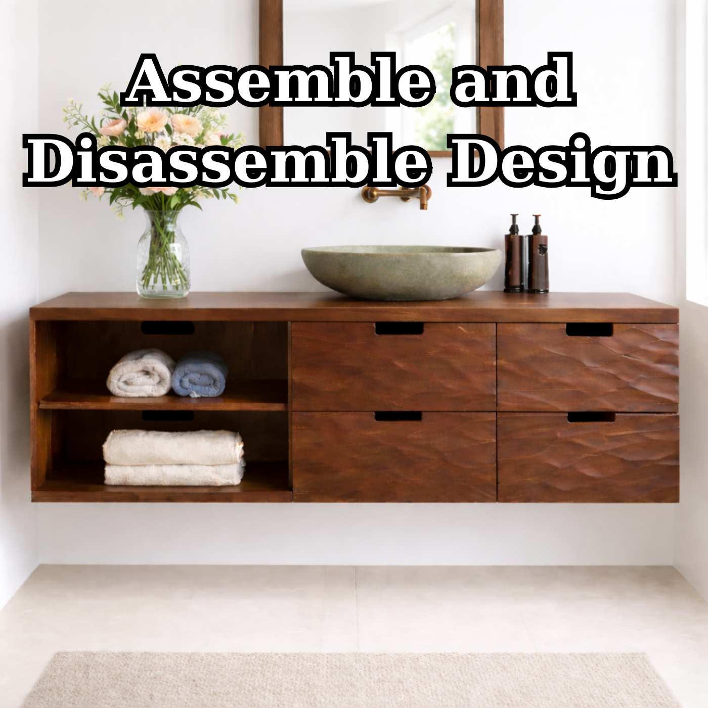 Floating Solid Wood Bathroom Vanity with Textured Drawer Fronts and Open Shelf – Modern Rustic Wall Mounted Vanity