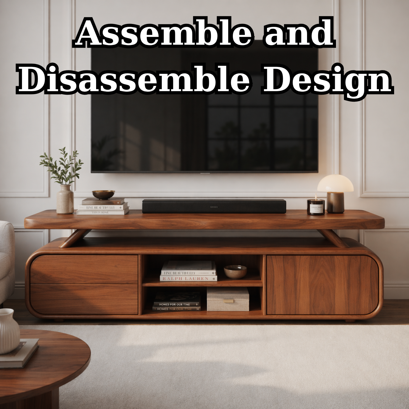 Solid Wood TV Stand with Rounded Edges – Modern Low Profile Media Console with Storage