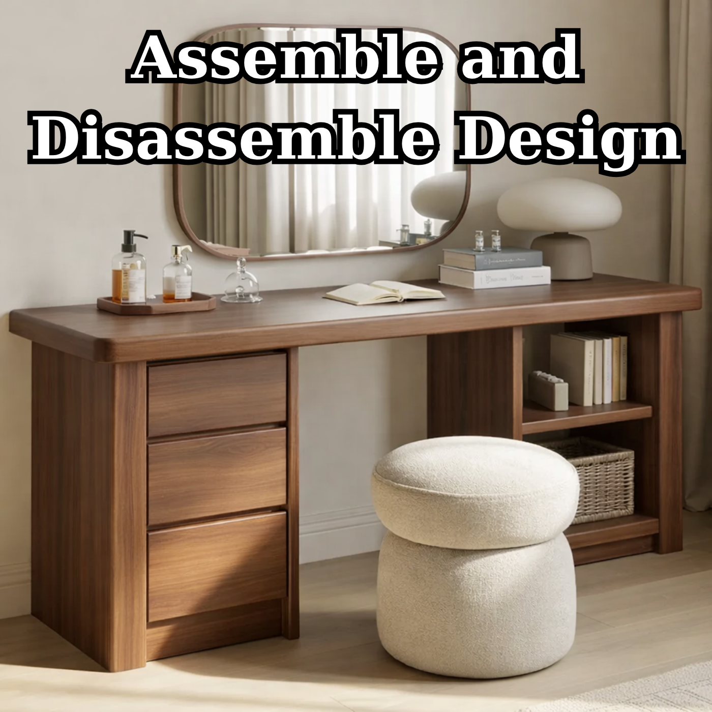 Solid Wood Makeup Vanity Desk – Minimalist Dressing Table with Drawers & Open Shelf