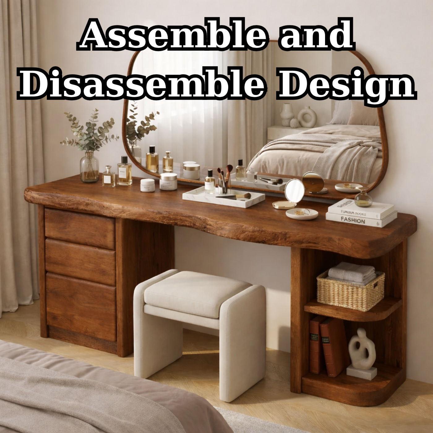 Solid Wood Makeup Vanity Desk with Live Edge Top, 3 Drawers and Open Side Shelves