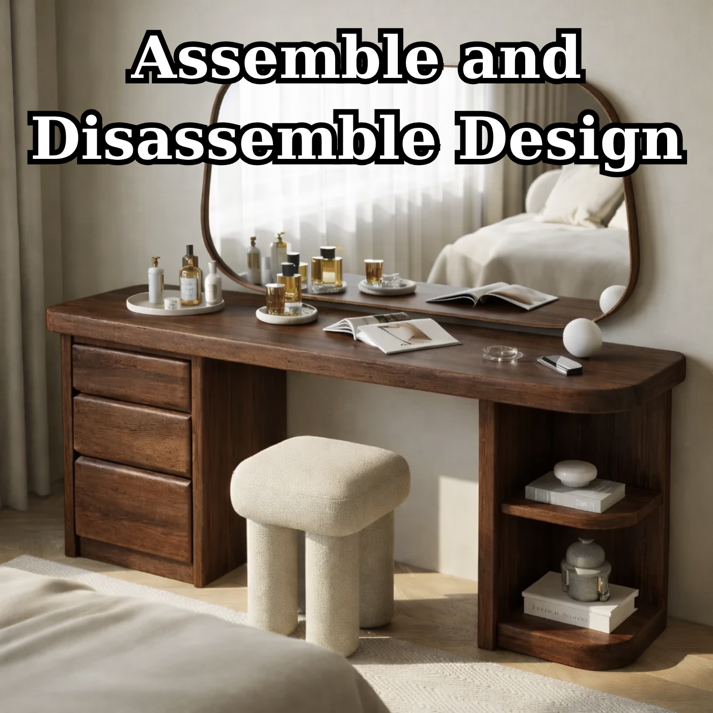 Solid Wood Makeup Vanity Desk – Modern Dressing Table with Drawers & Open Shelf