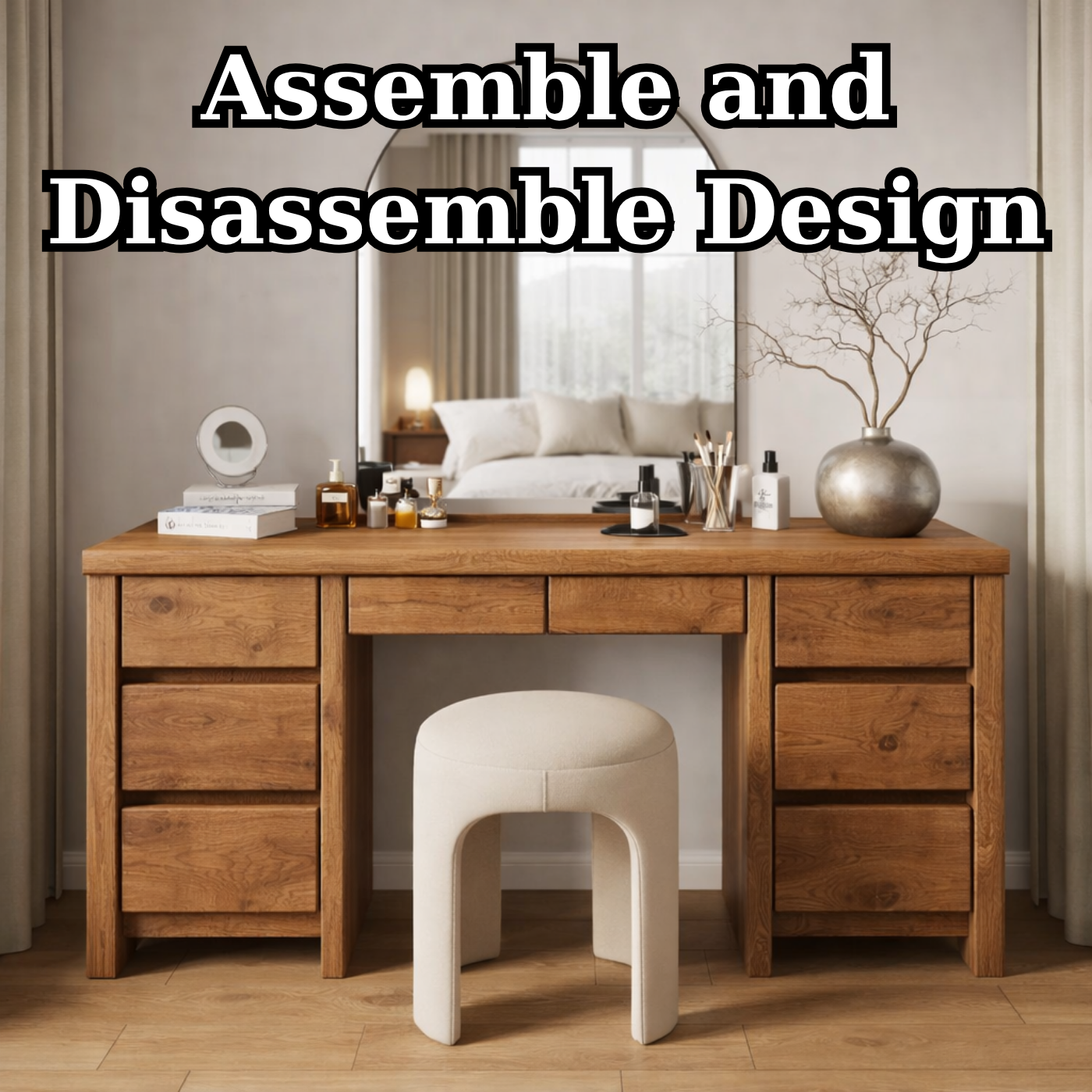 Solid Wood Makeup Vanity Desk – Modern Dressing Table with 8 Drawers Storage