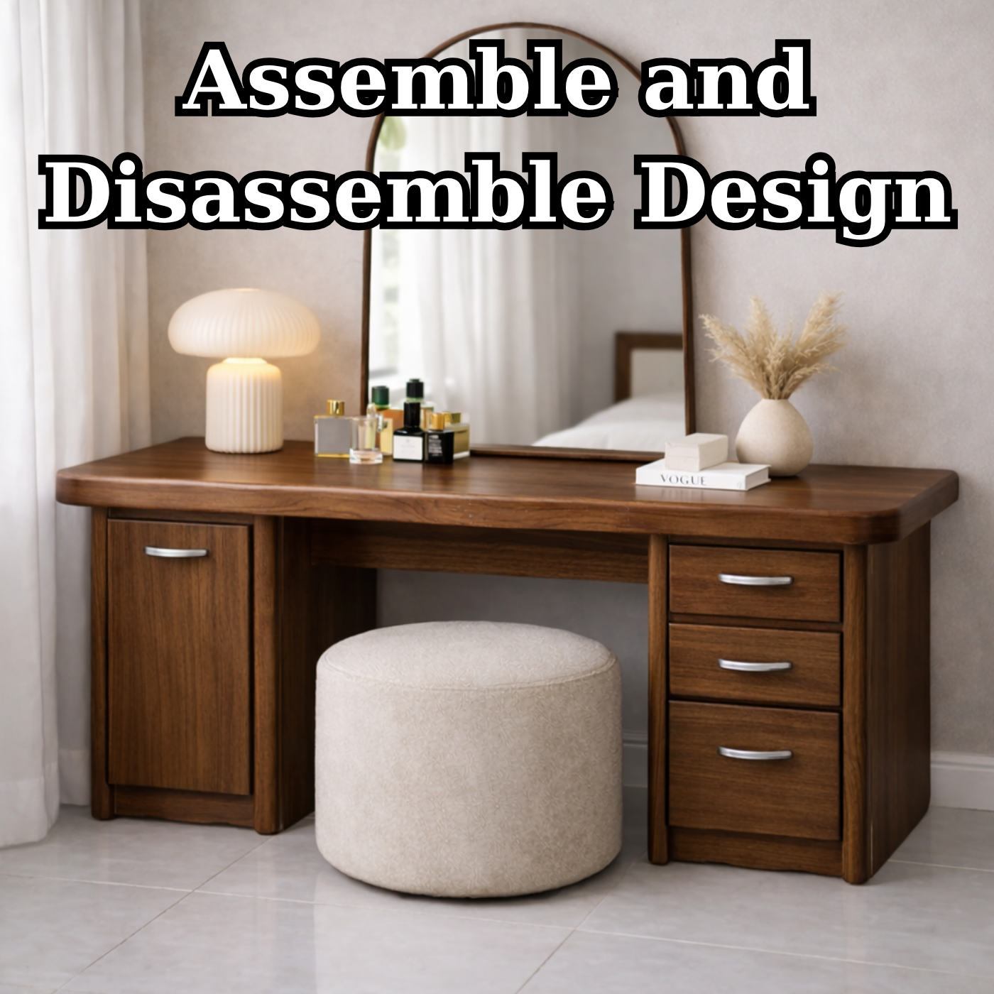 Solid Wood Makeup Vanity Desk with Side Cabinet and 3 Drawers, Modern Wooden Dressing Table