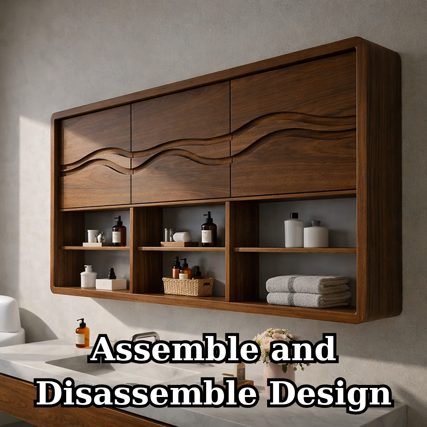 Solid Wood Bathroom Cabinet with Wave Carved Doors & Open Shelving Storage