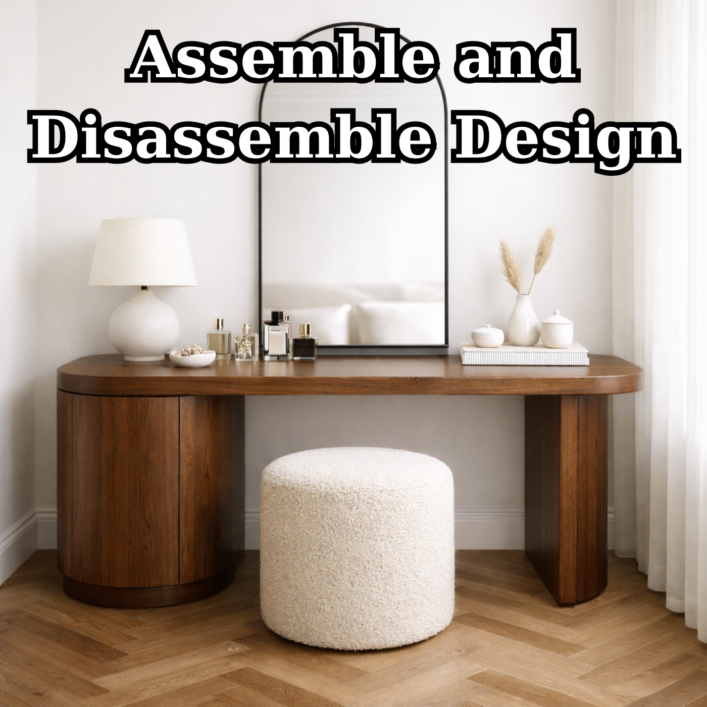 Solid Wood Makeup Vanity Desk with Curved Side Cabinet and Rounded Leg
