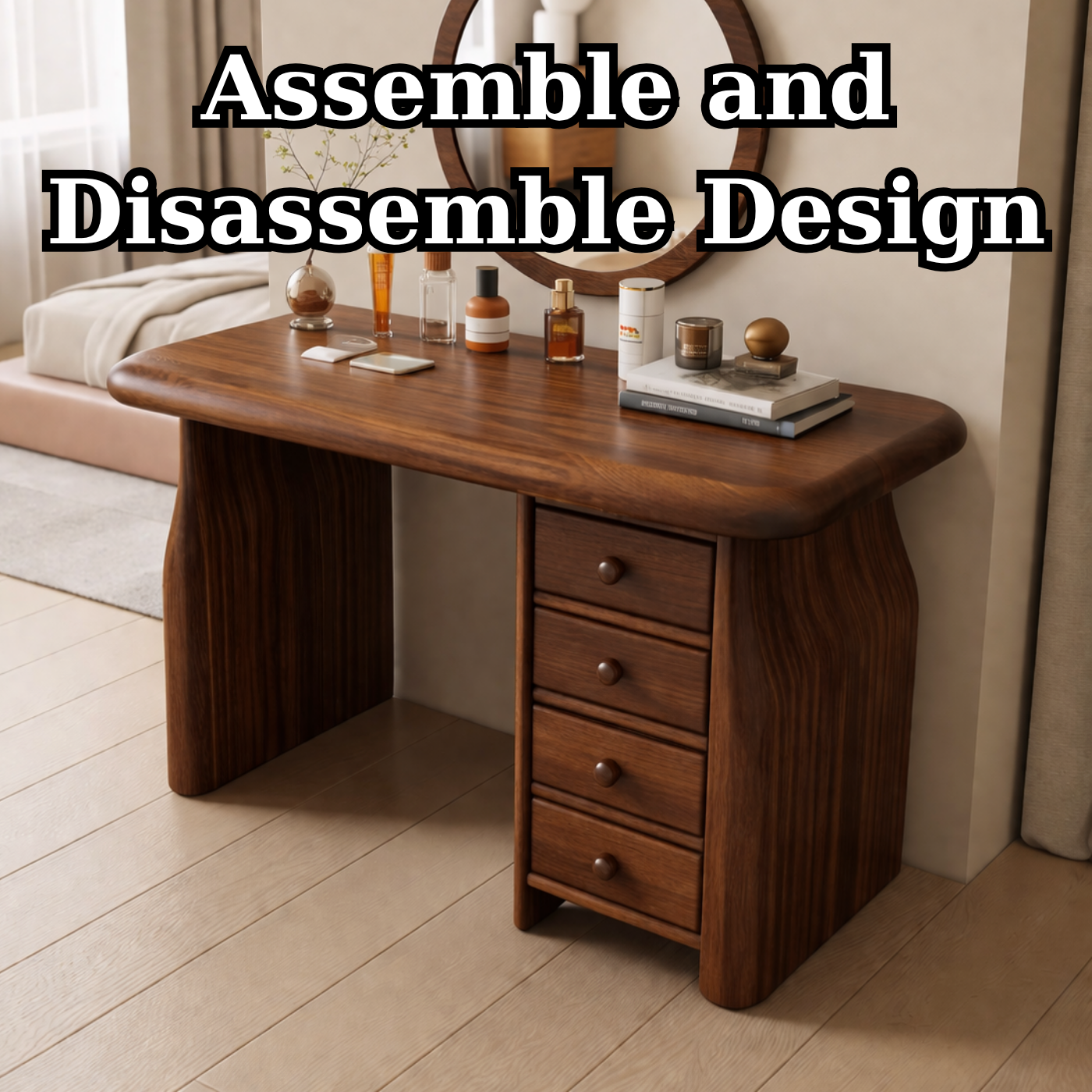 Solid Wood Makeup Vanity Desk with 4 Drawers, Curved Sculptural Wooden Dressing Table