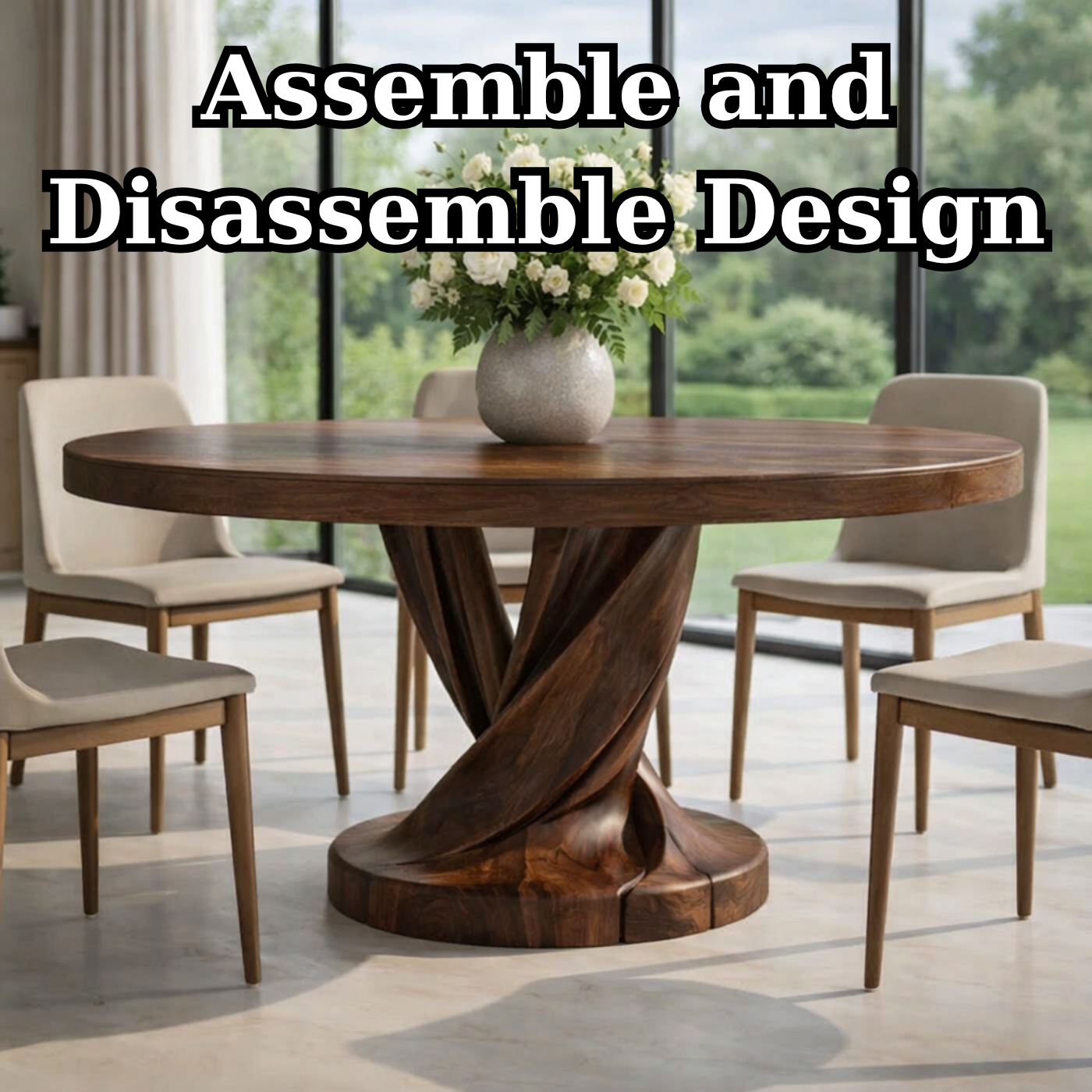 Round Solid Wood Dining Table with Sculptural Twisted Pedestal Base