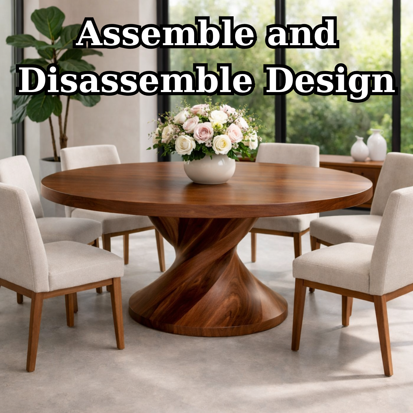 Round Solid Wood Dining Table with Sculptural Pedestal Base