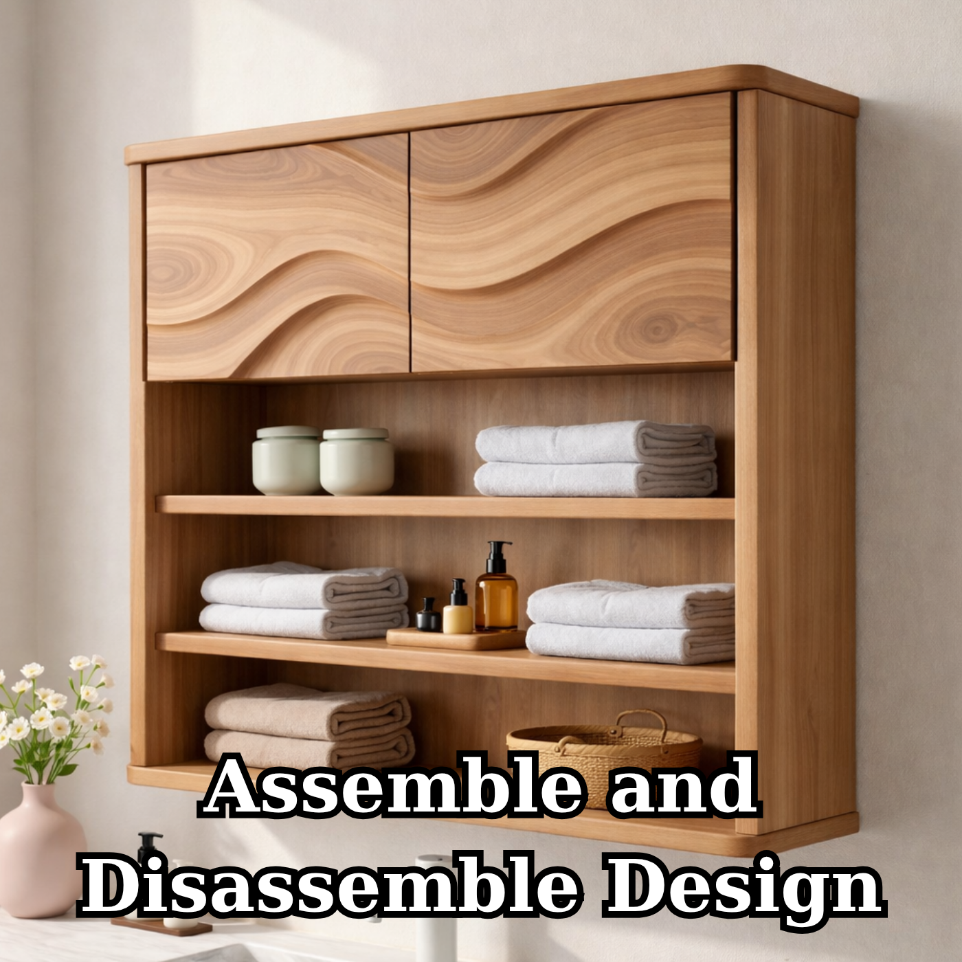 Solid Wood Bathroom Cabinet with Open Shelves & Wave Doors – Modern Wall Mounted Storage