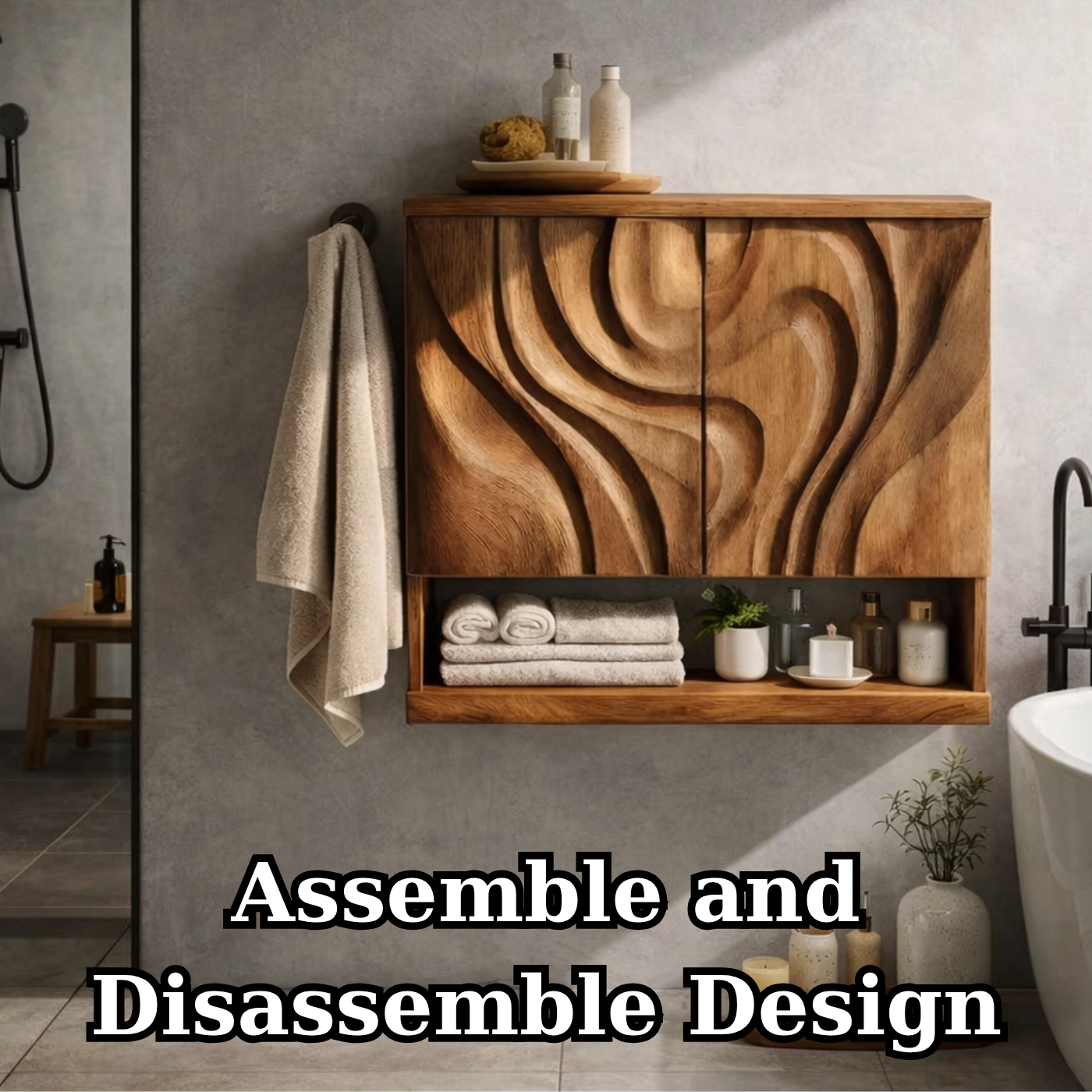 Solid Wood Floating Bathroom Vanity Cabinet with Sculptural Wave Doors