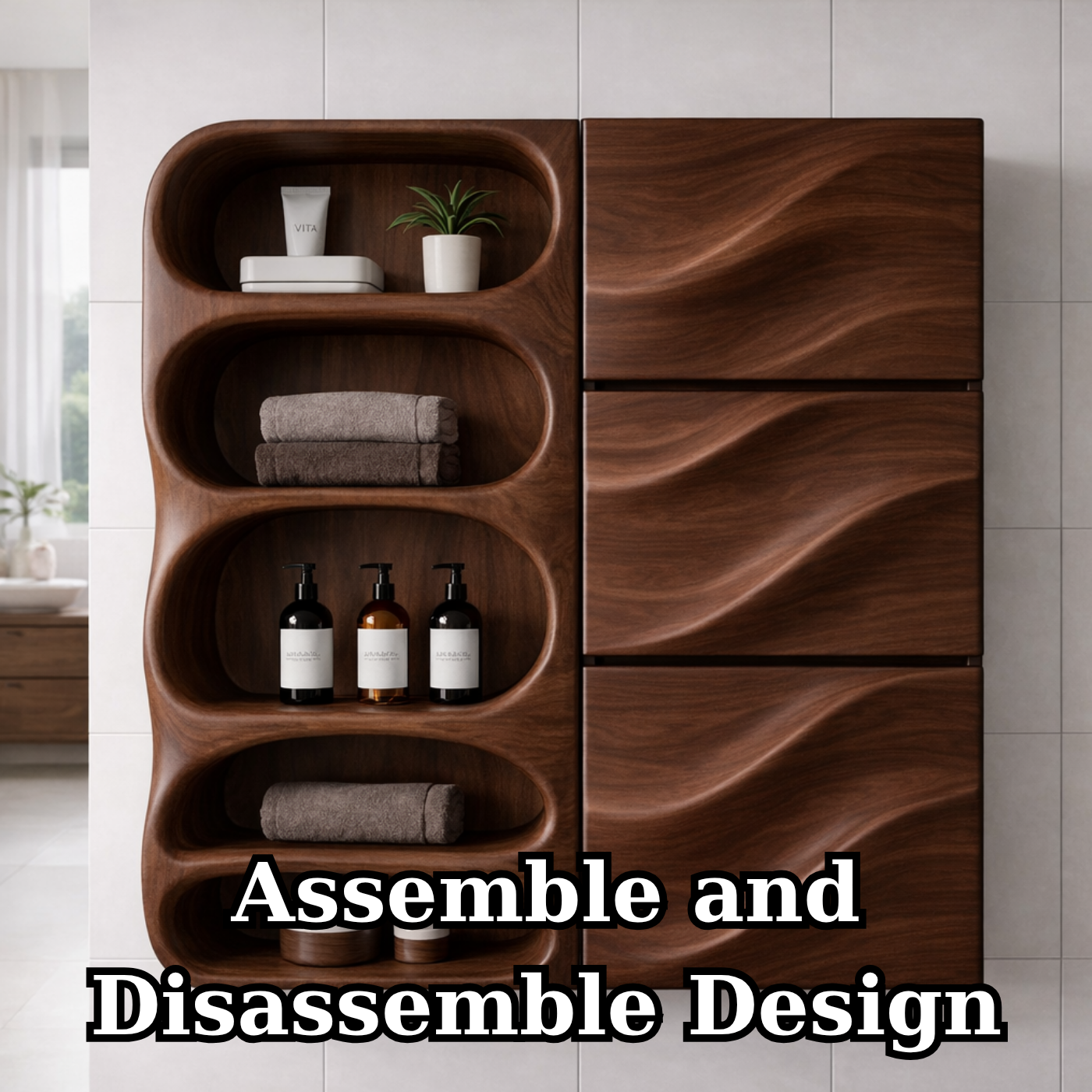 Solid Wood Bathroom Storage Cabinet with Wave Doors – Modern Wall Mounted Organizer