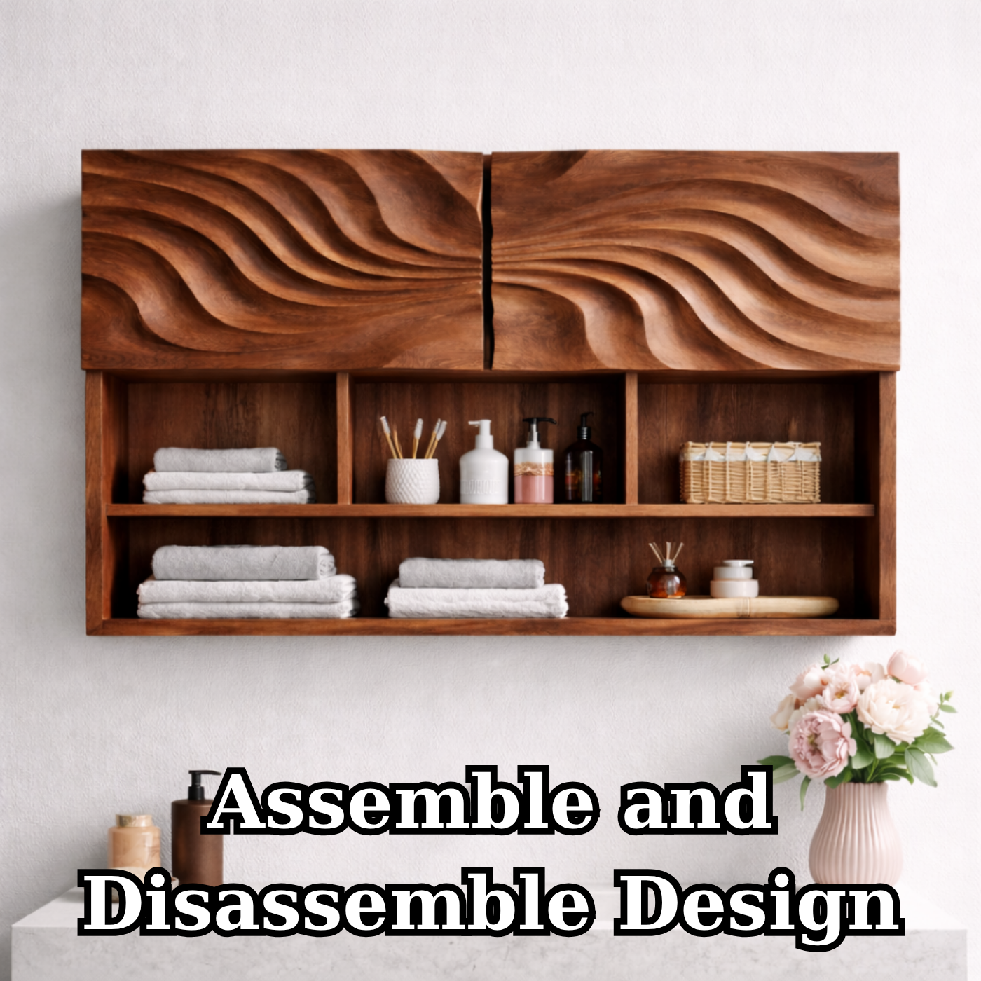 Solid Wood Floating Bathroom Shelf Cabinet with Wave Carved Doors