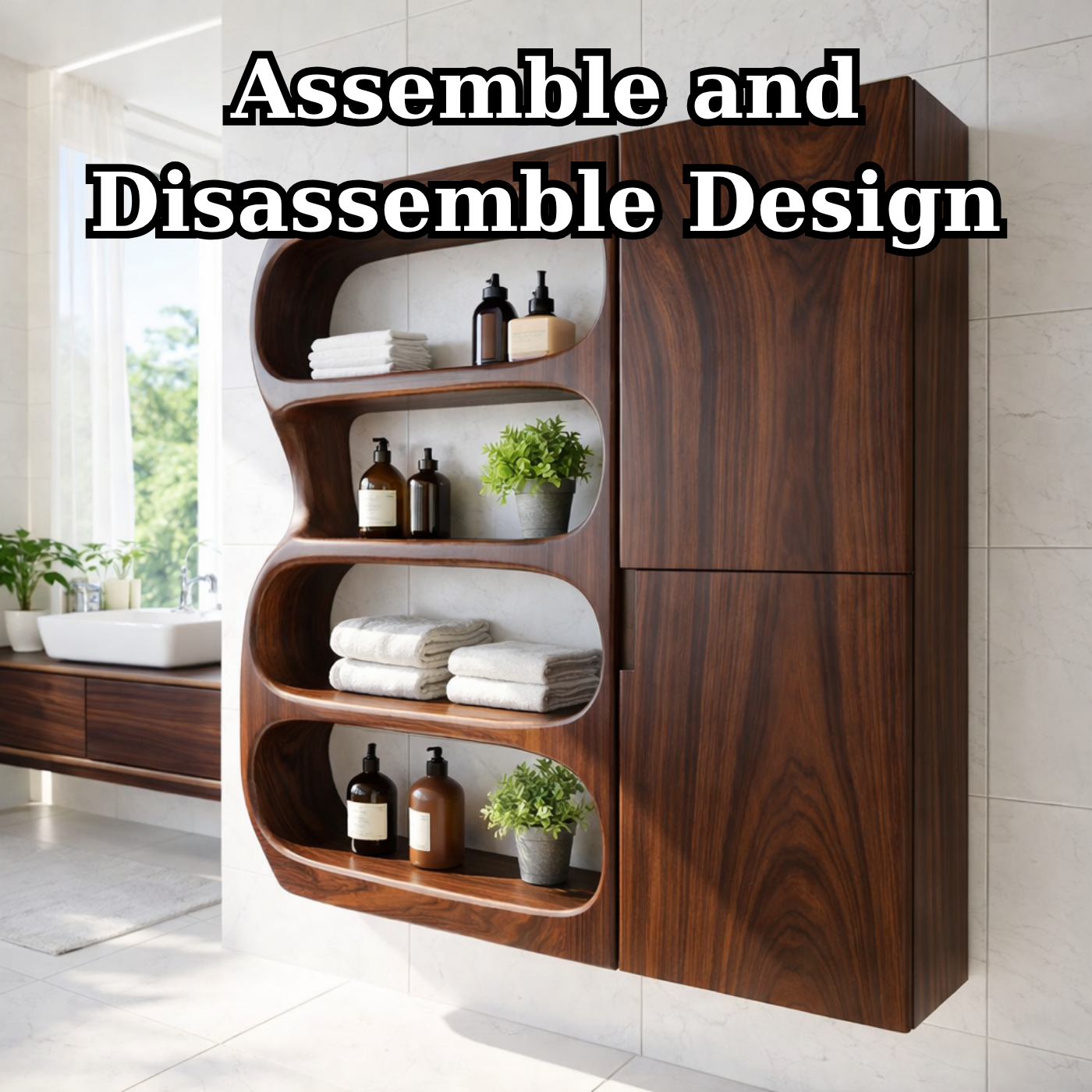 Solid Wood Floating Bathroom Cabinet with Curved Open Shelves & Storage Door