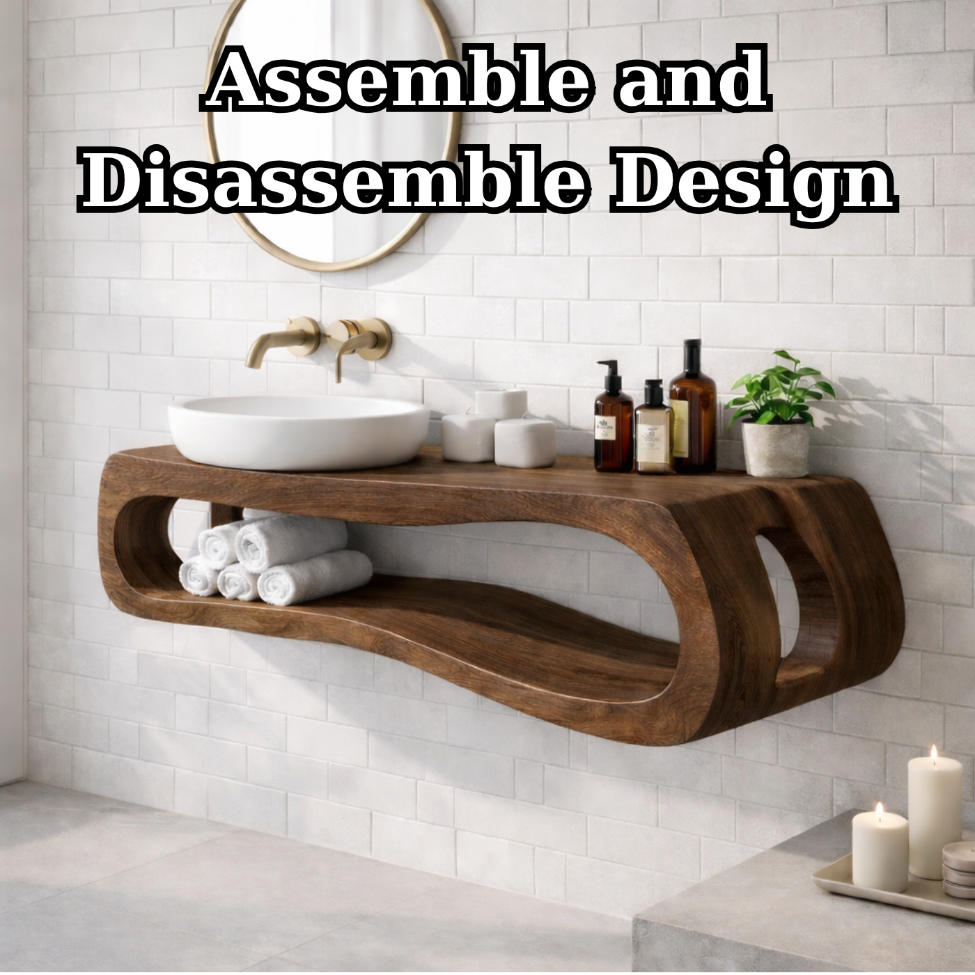Solid Wood Floating Bathroom Vanity with Open Shelf – Modern Curved Wall Mounted Cabinet