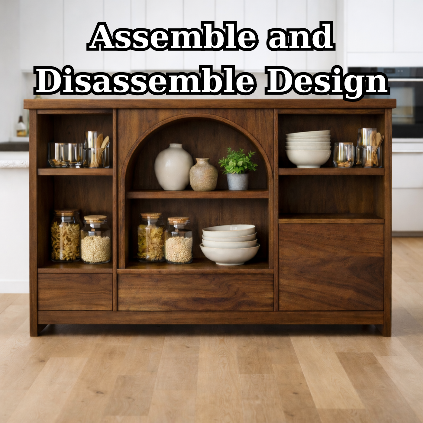 Solid Walnut Kitchen Island with Arched Center Shelf & Open Storage