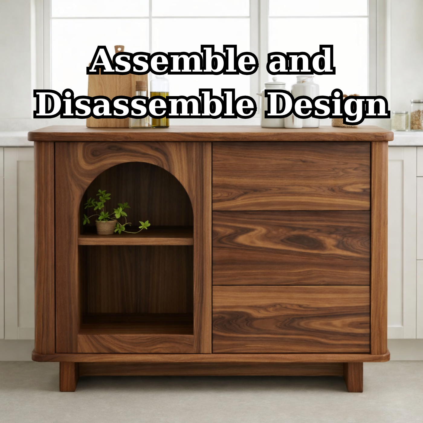 Solid Walnut Kitchen Island with Arched Open Shelf & Drawer Storage
