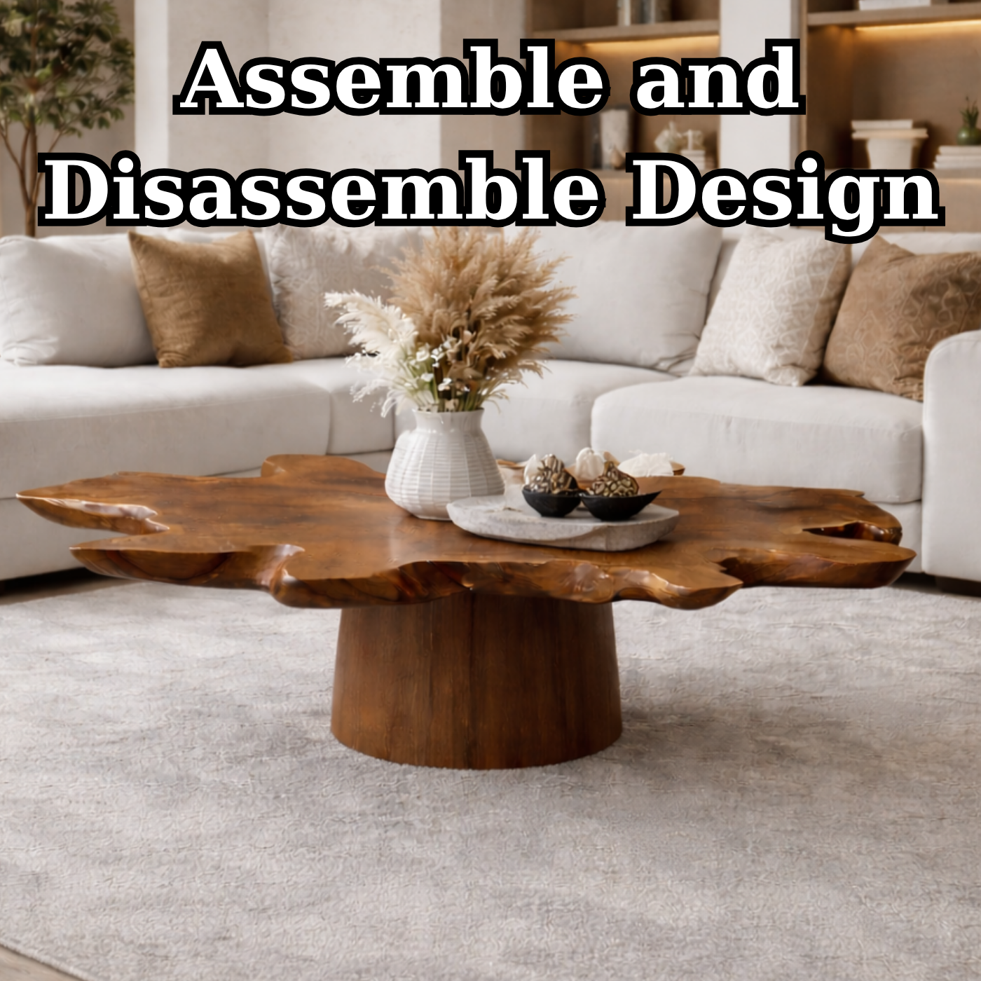 Solid Wood Live Edge Coffee Table with Thick Slab Top & Pedestal Base
