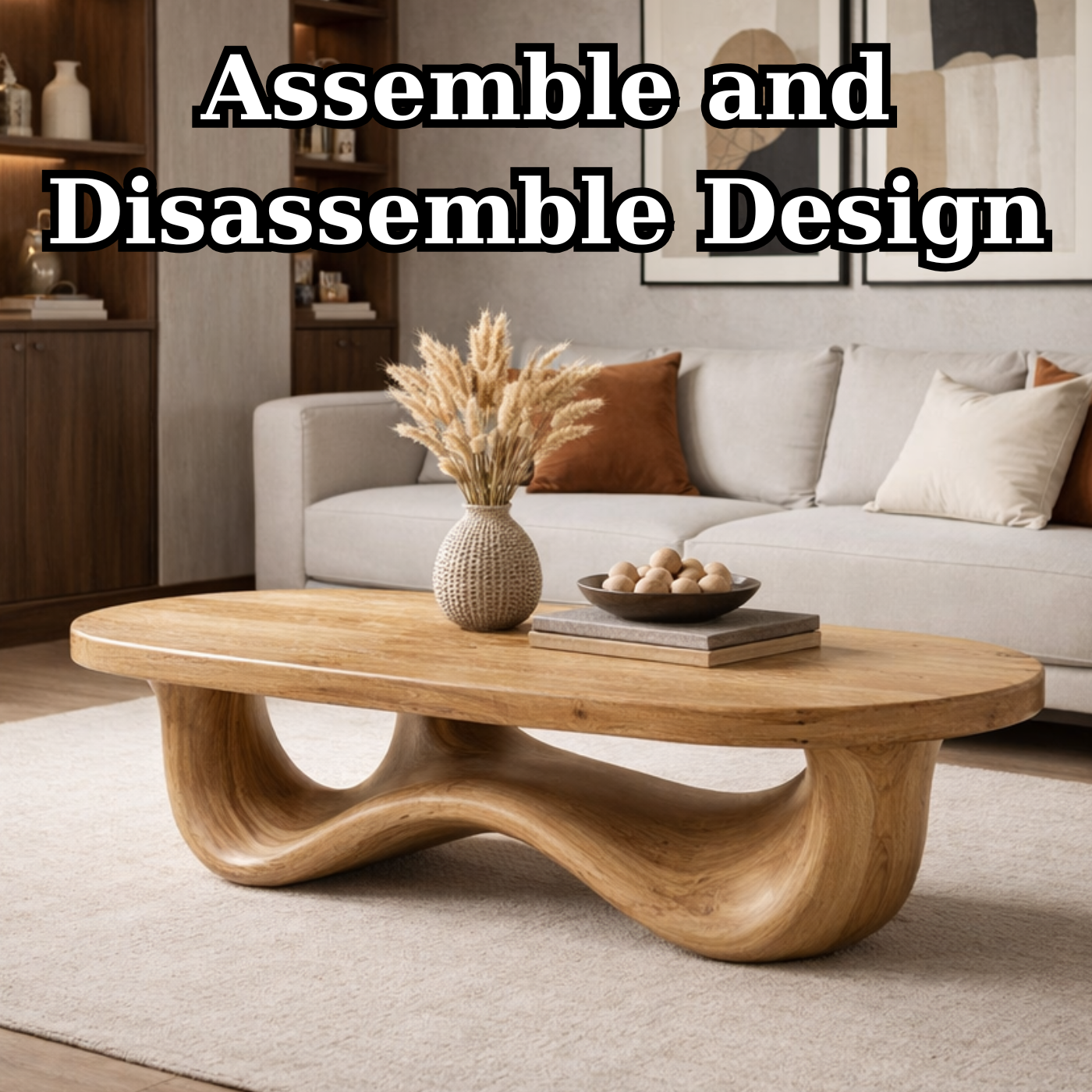 Solid Wood Oval Coffee Table with Sculptural Wave Base and Rustic Walnut Finish