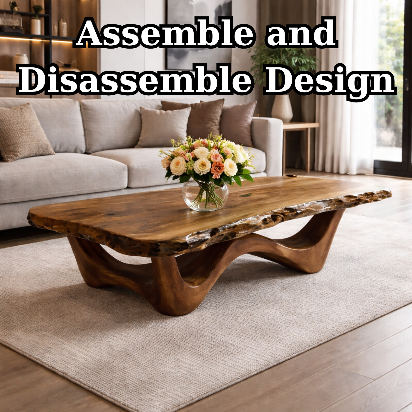 Live Edge Solid Wood Coffee Table with Sculptural Base and Natural Grain