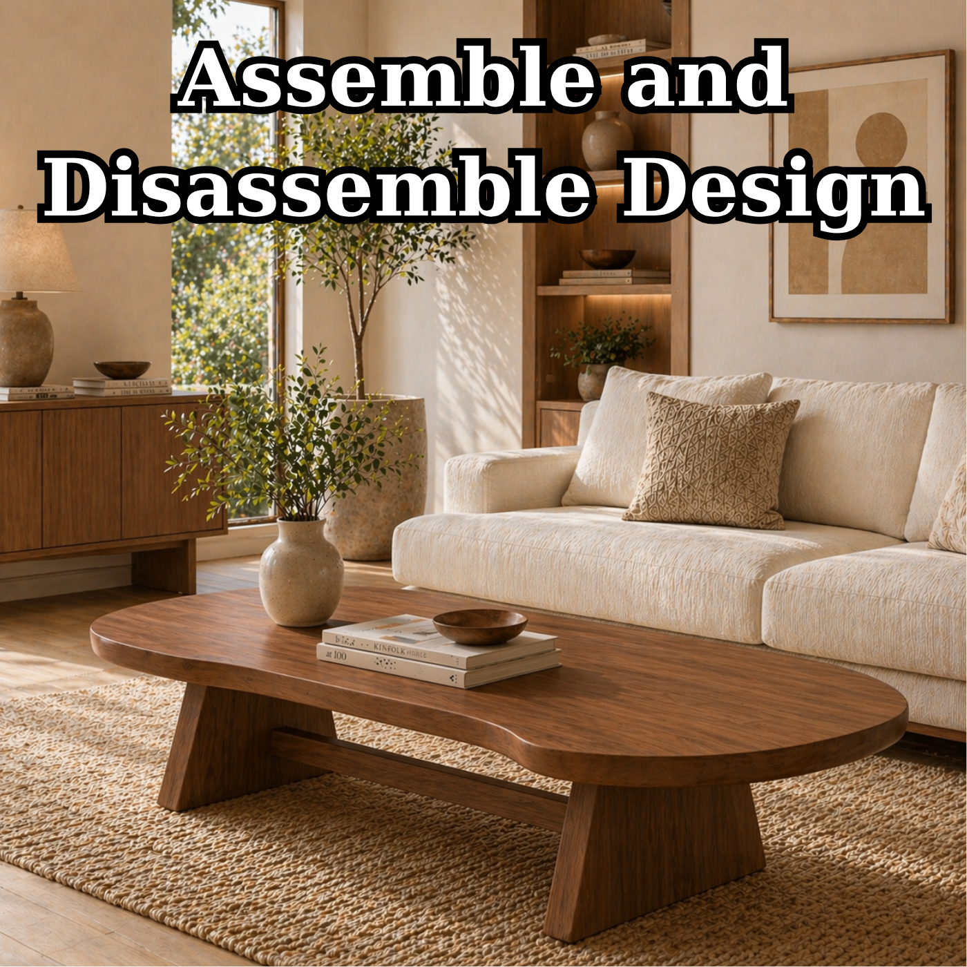 Solid Wood Coffee Table with Organic Oval Top and Angled Base