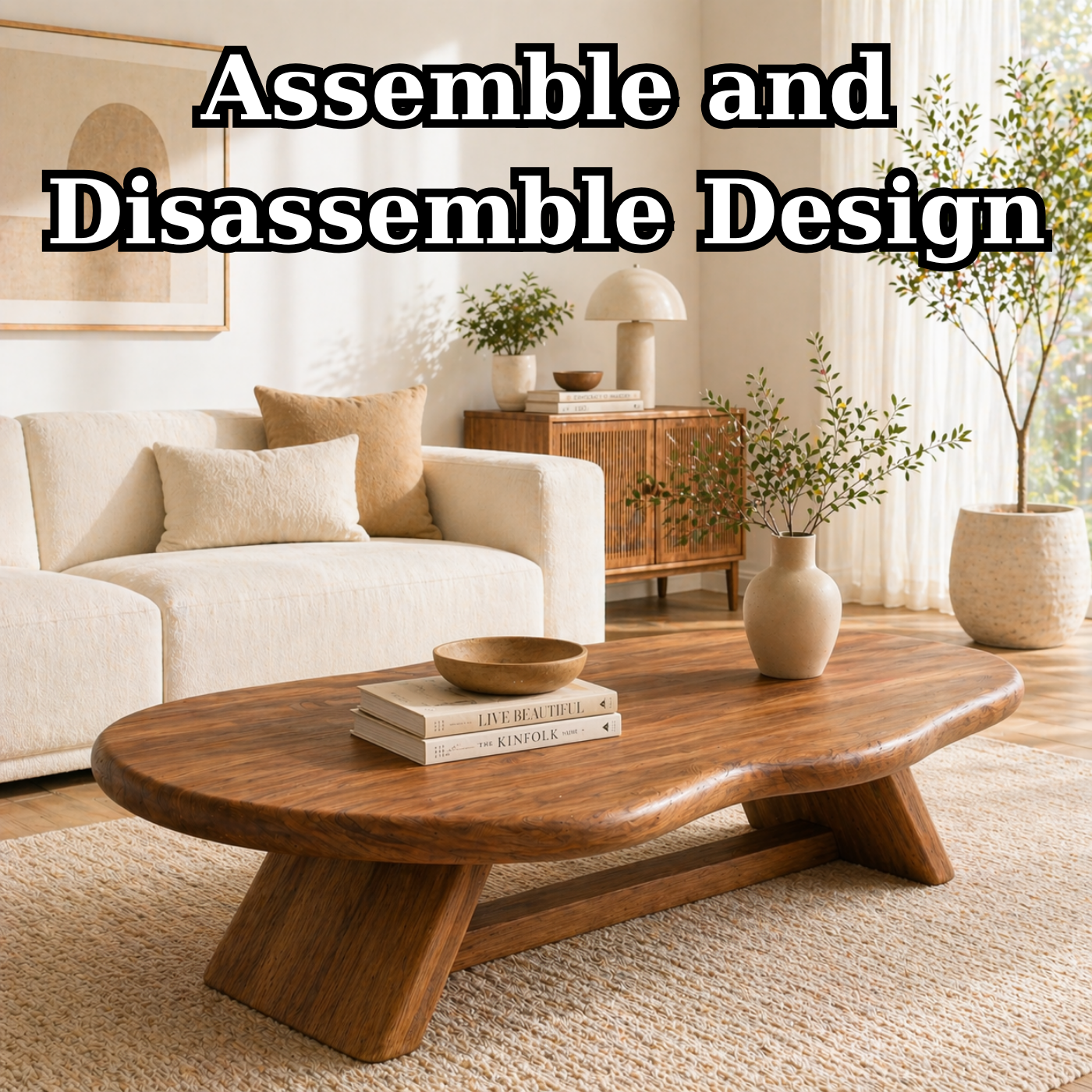 Solid Wood Coffee Table with Organic Oval Top and Angled Base