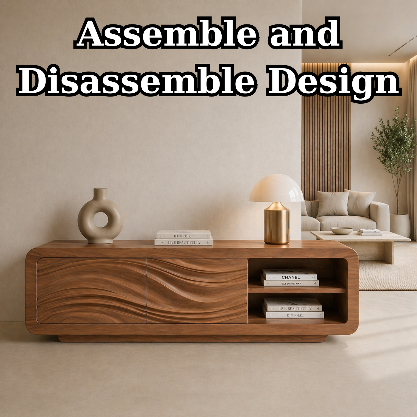 Solid Wood TV Stand with Wave Carved Doors and Open Shelf in Walnut Finish