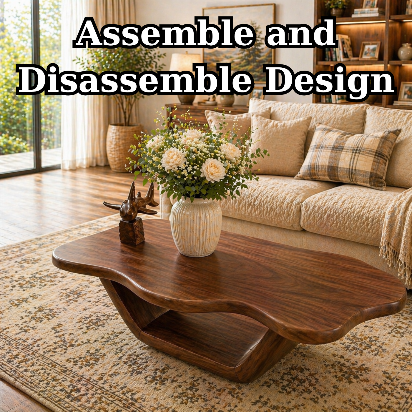 Solid Wood Coffee Table with Organic Curved Top and Sculptural Base