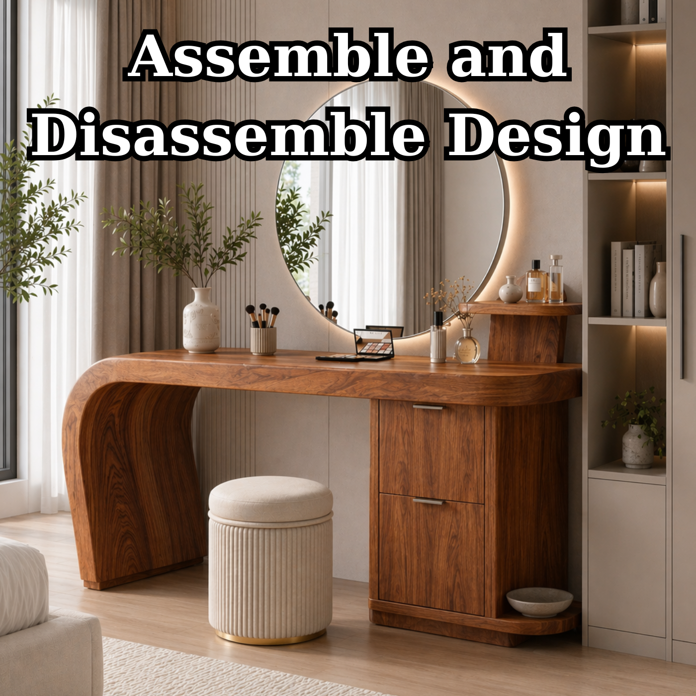 Solid Wood Makeup Vanity Desk with Curved Base and Storage Cabinet