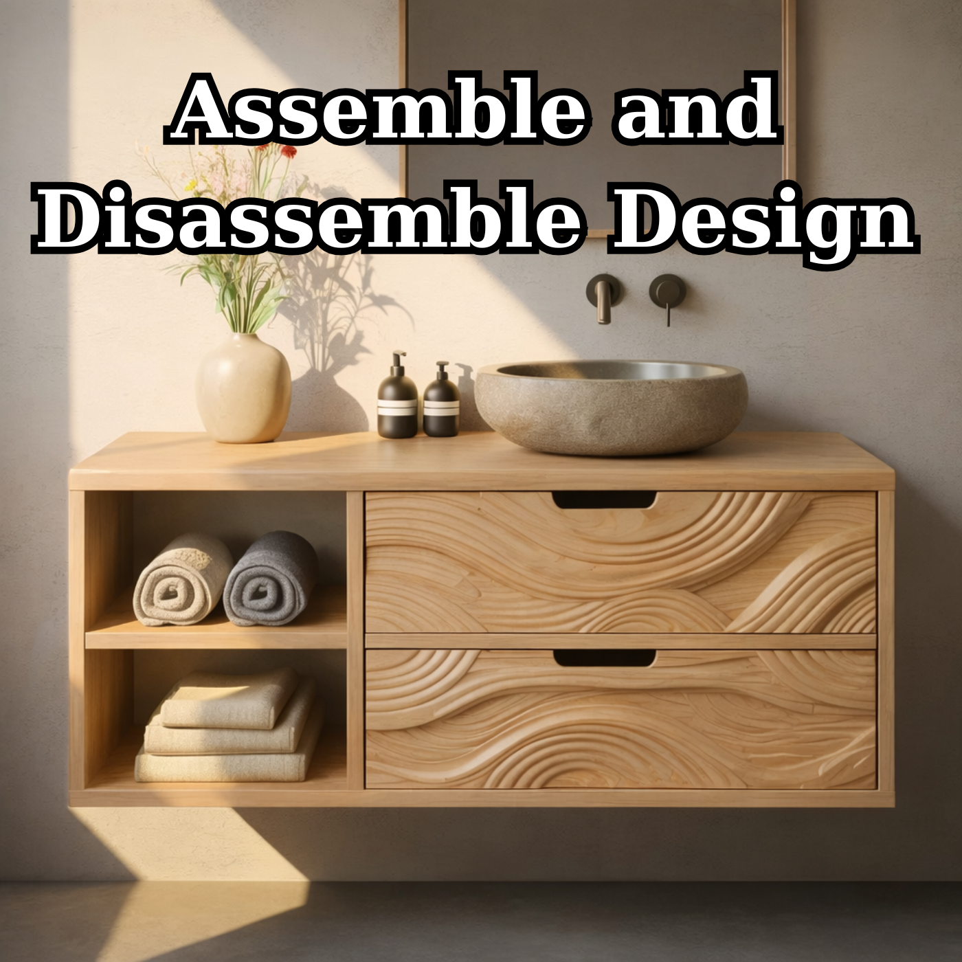 Floating Solid Wood Bathroom Vanity with Sculpted Wave Drawers and Open Shelf – Modern Organic Bathroom Cabinet