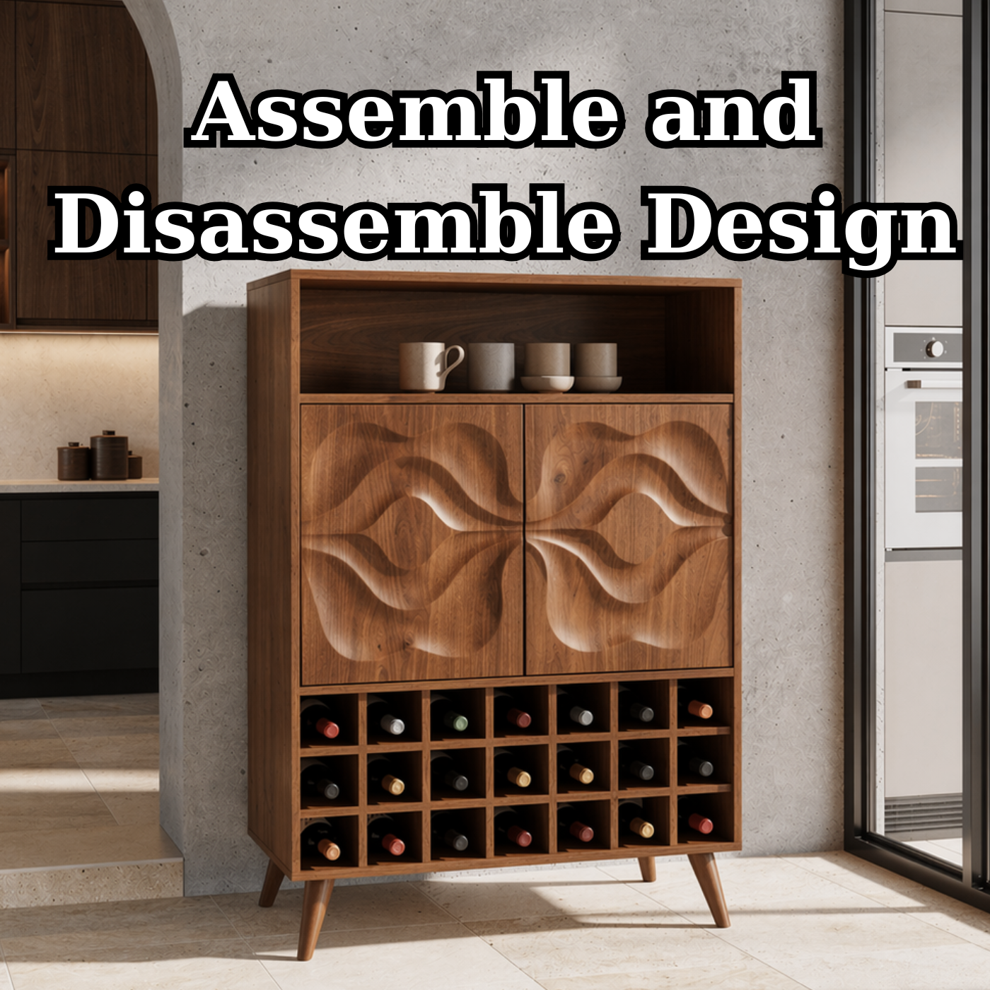 Solid Wood Wine Cabinet with Carved Doors and Grid Bottle Storage