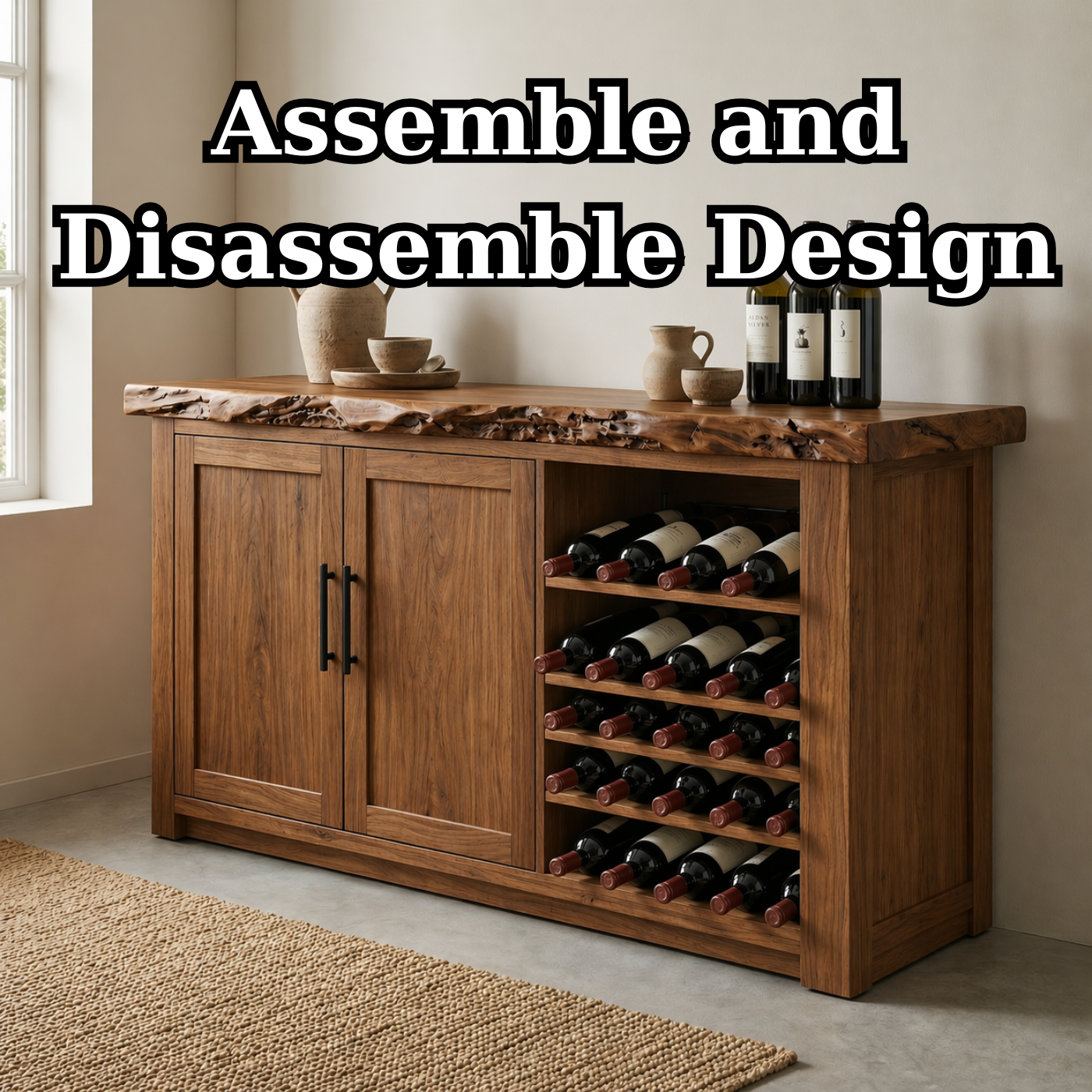 Solid Wood Wine Cabinet with Live Edge Top and Built-In Bottle Rack