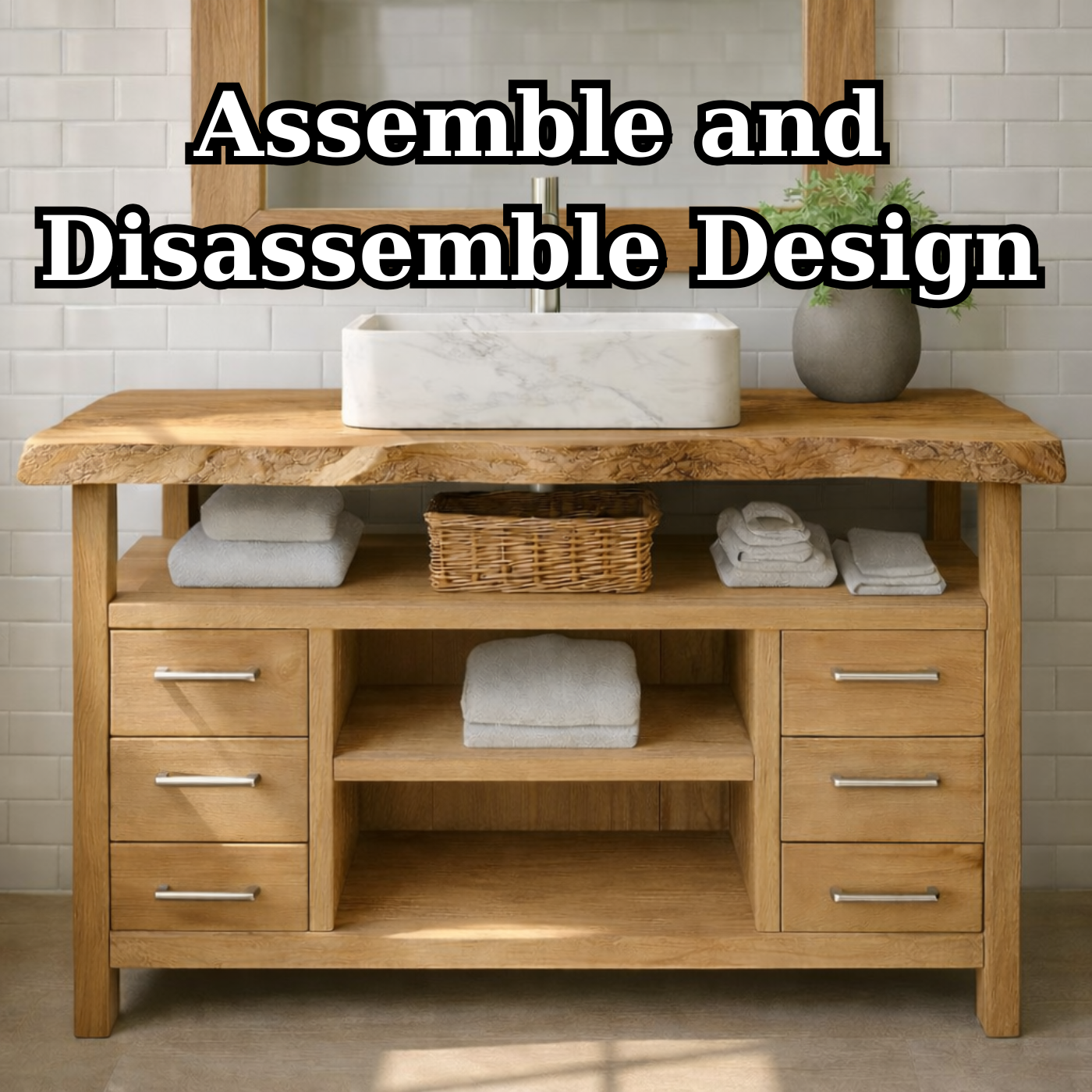 Solid Wood Bathroom Vanity with Six Drawers and Open Shelves – Freestanding Natural Wood Vanity Cabinet