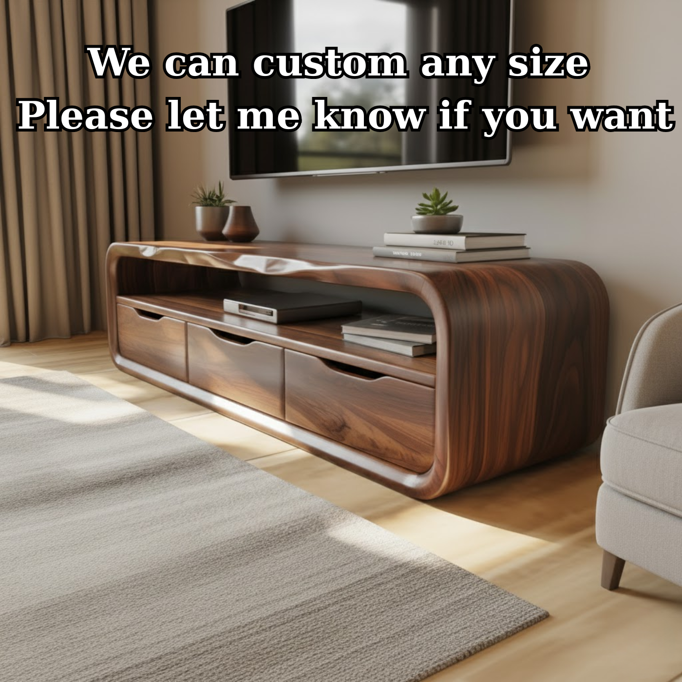 Luxury Curved Solid Wood TV Stand with Open Shelf and Drawer Storage
