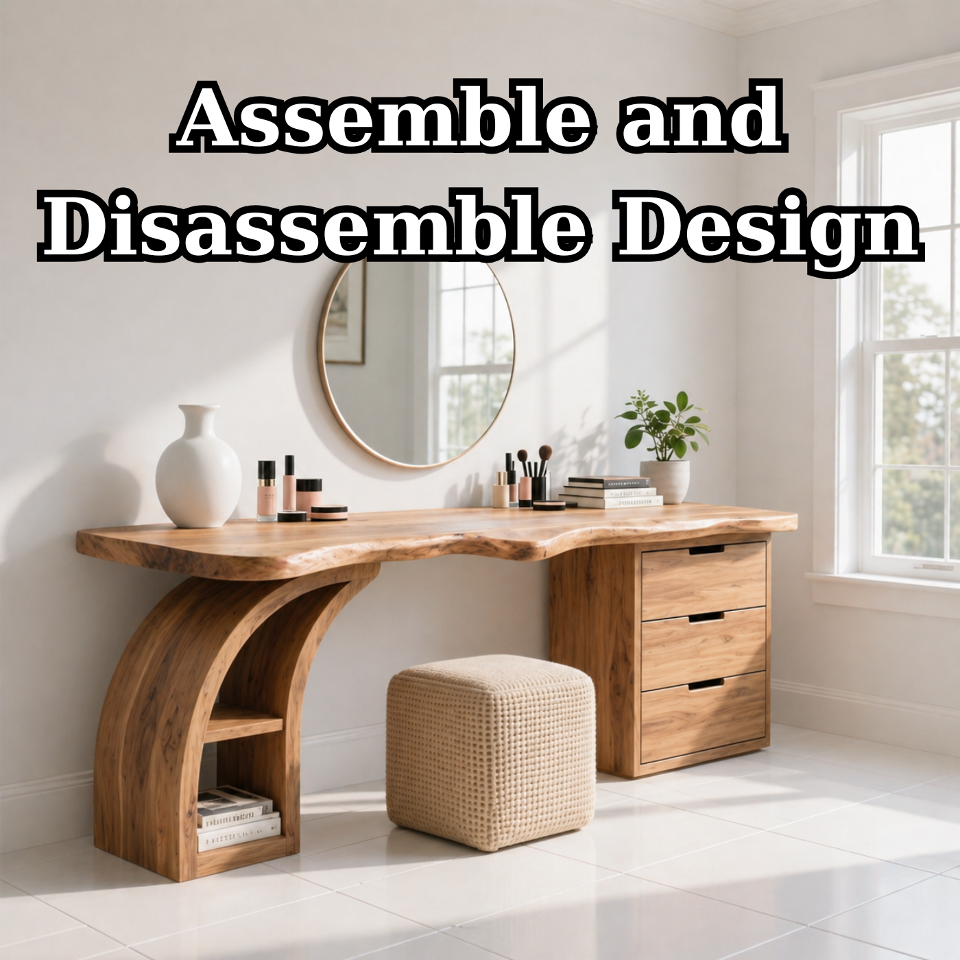 Solid Wood Makeup Vanity Desk with Live Edge Top and Curved Sculptural Base
