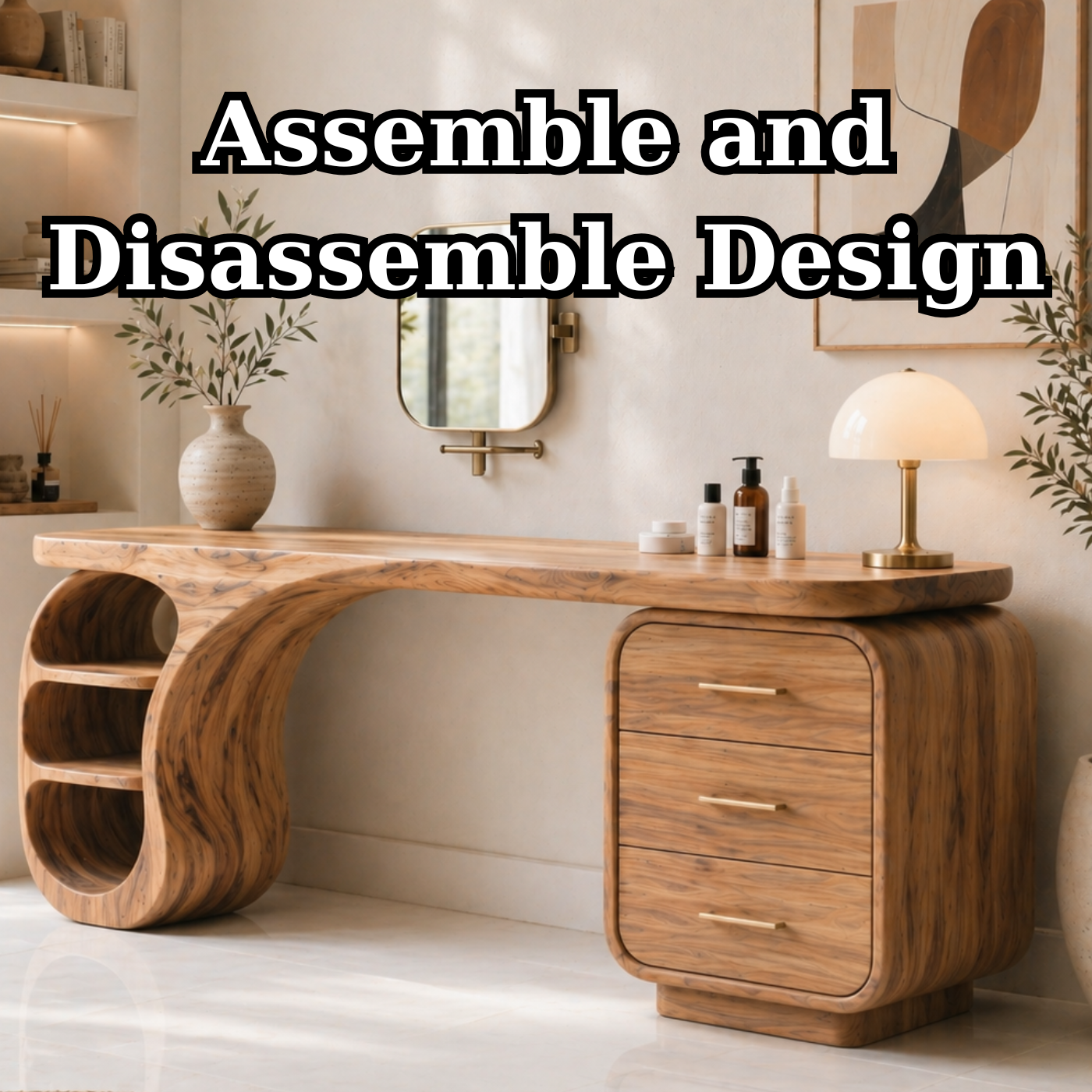 Solid Wood Makeup Vanity Desk with Sculptural Curved Base and Drawer Storage