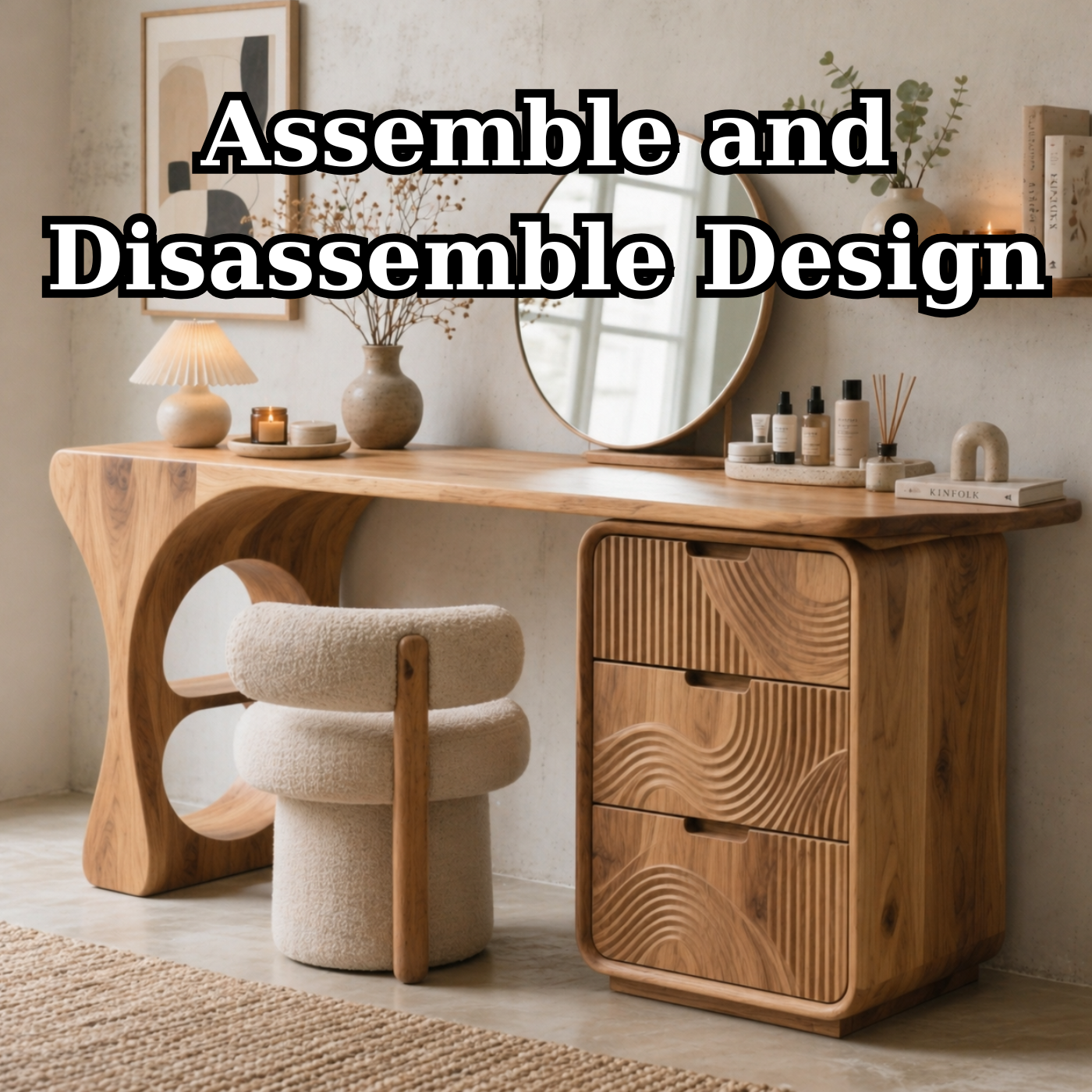 Solid Wood Makeup Vanity Desk with Sculptural Base and Carved Drawer Fronts