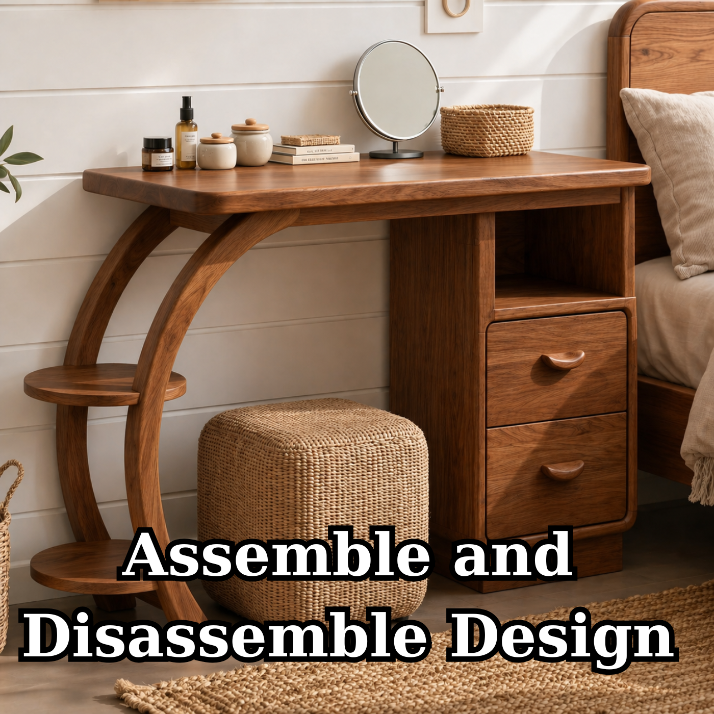 Solid Wood Makeup Vanity Desk with Curved Frame and Drawer Storage
