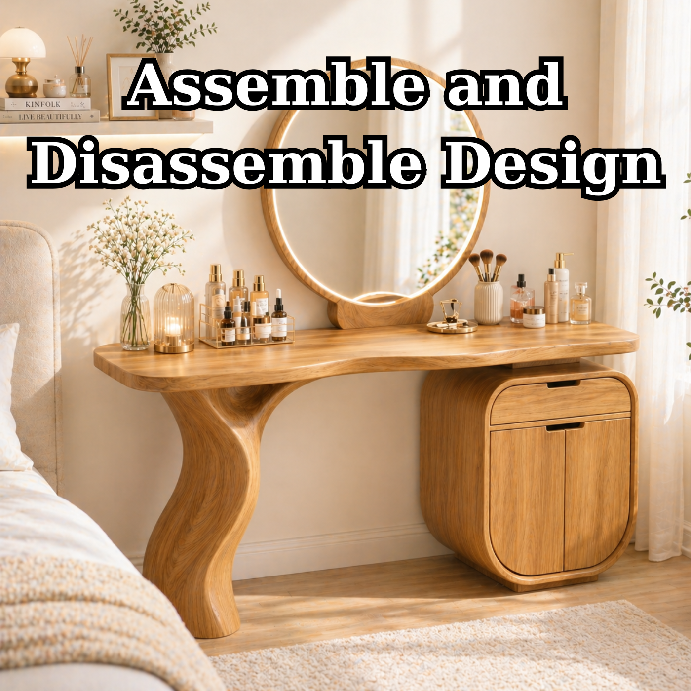 Solid Wood Makeup Vanity with Curved Leg and Storage Cabinet